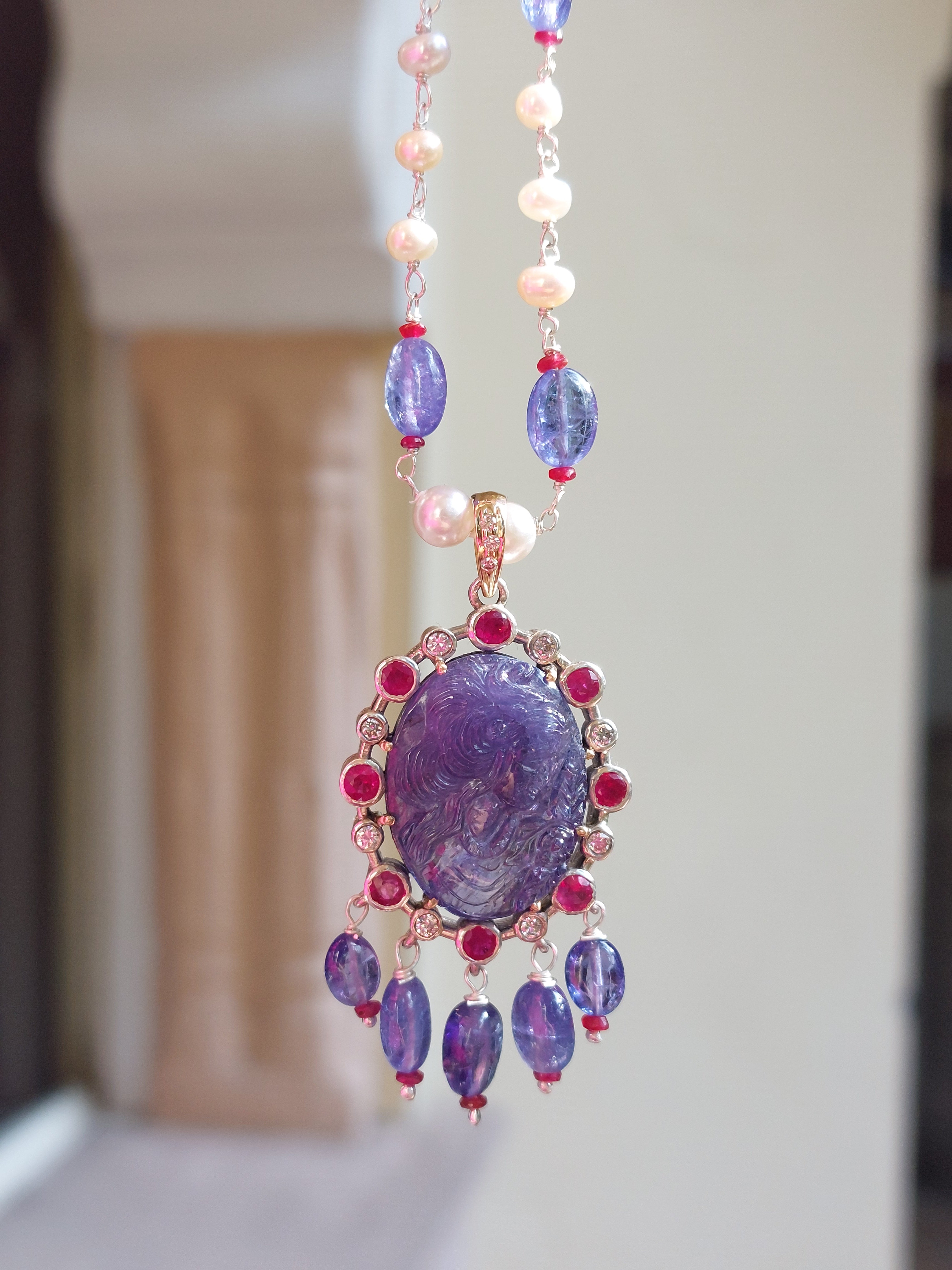 Carved Oval Tanzanite & Ruby Diamond Mala