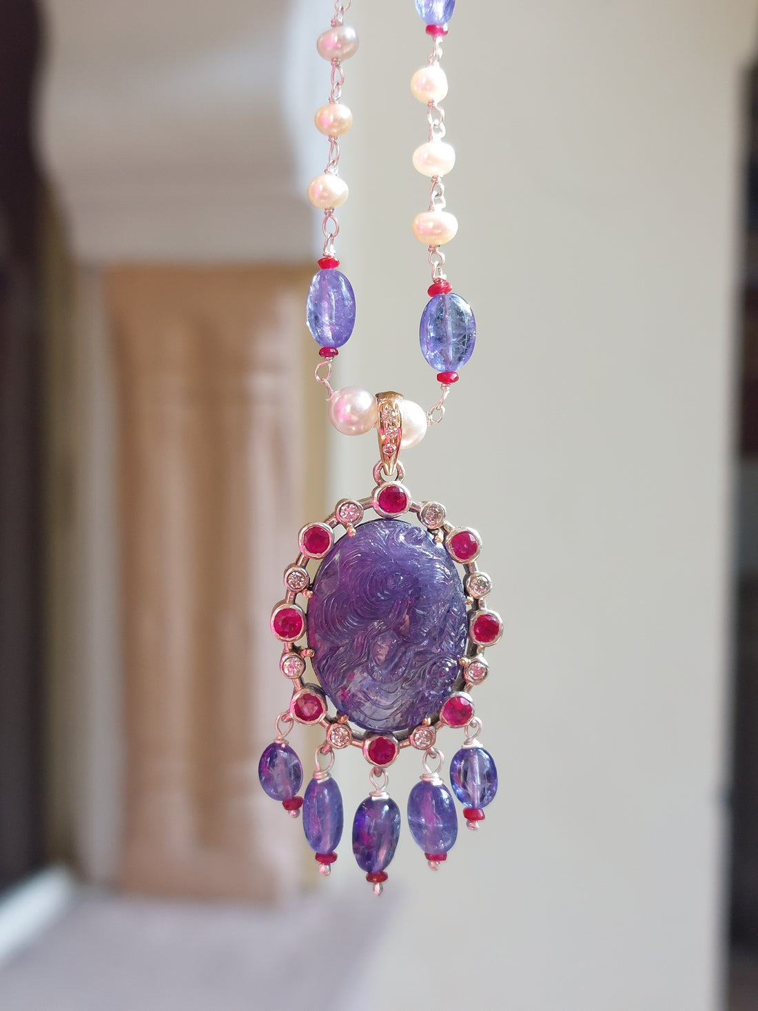 Gold tanzanite ruby diamond pendant mala product detail