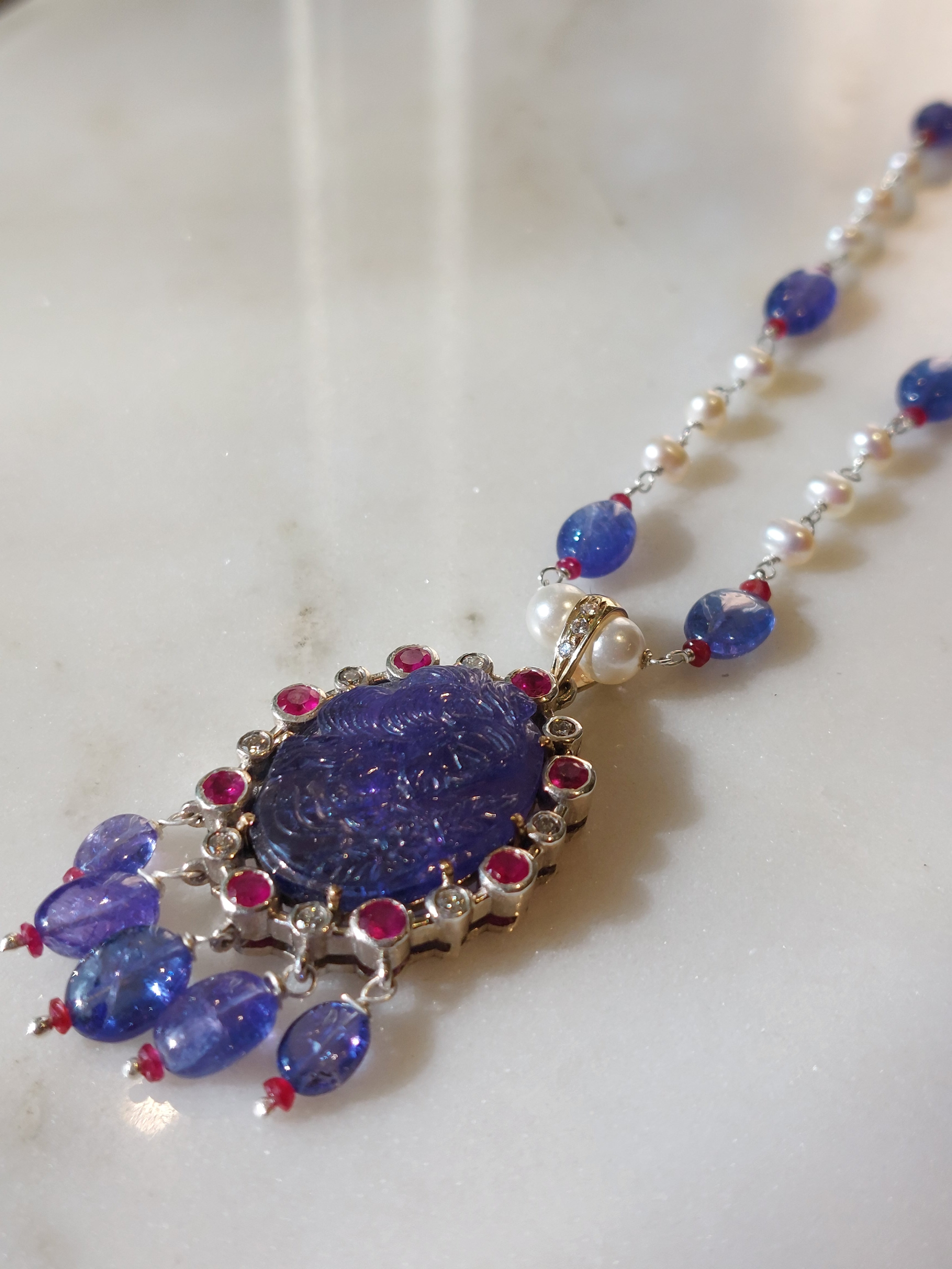 Carved Oval Tanzanite & Ruby Diamond Mala