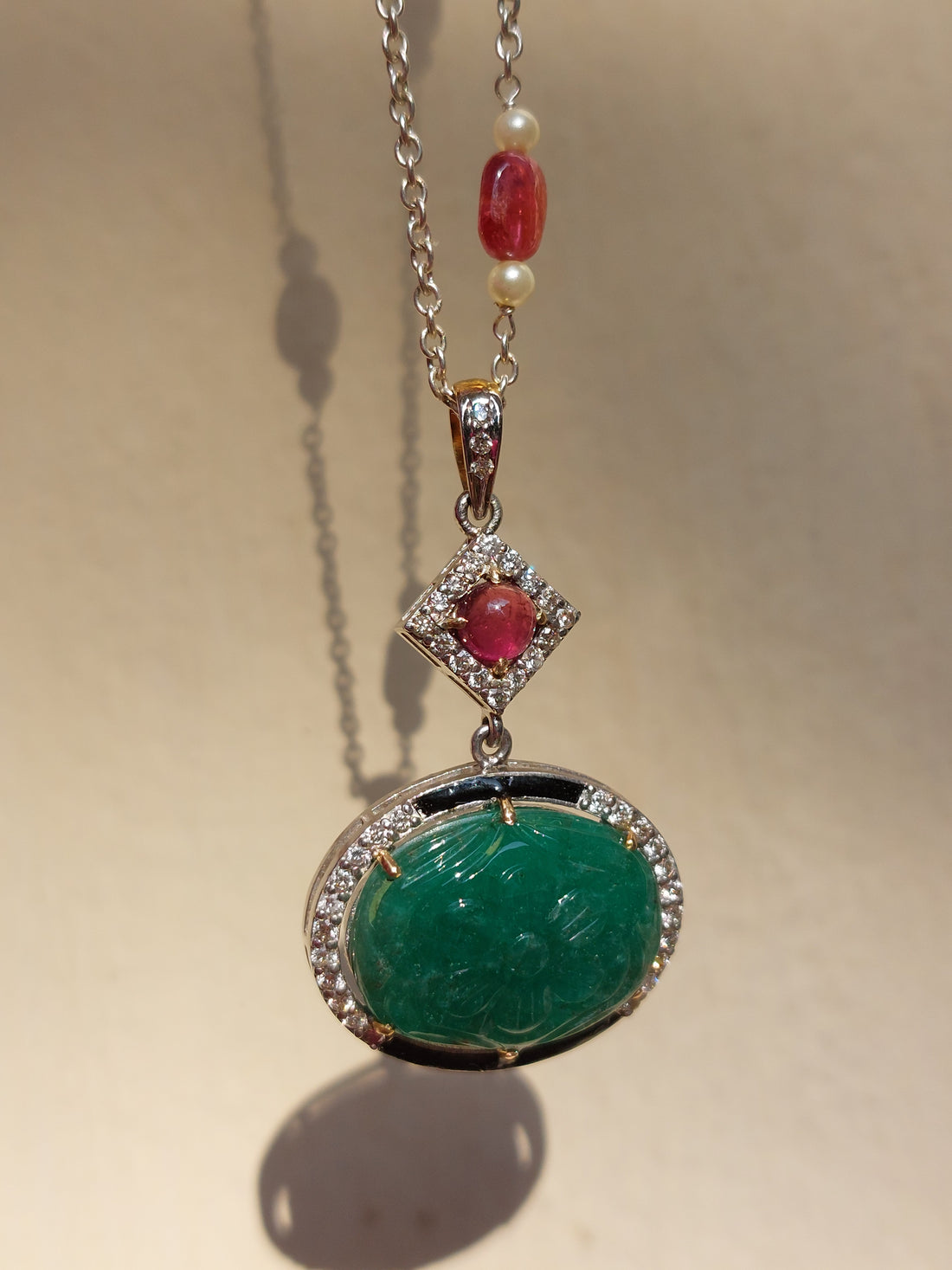 14K gold 925 silver emerald tourmaline diamond pendant mala