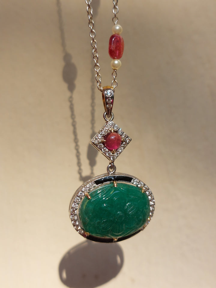 14K gold 925 silver emerald tourmaline diamond pendant mala