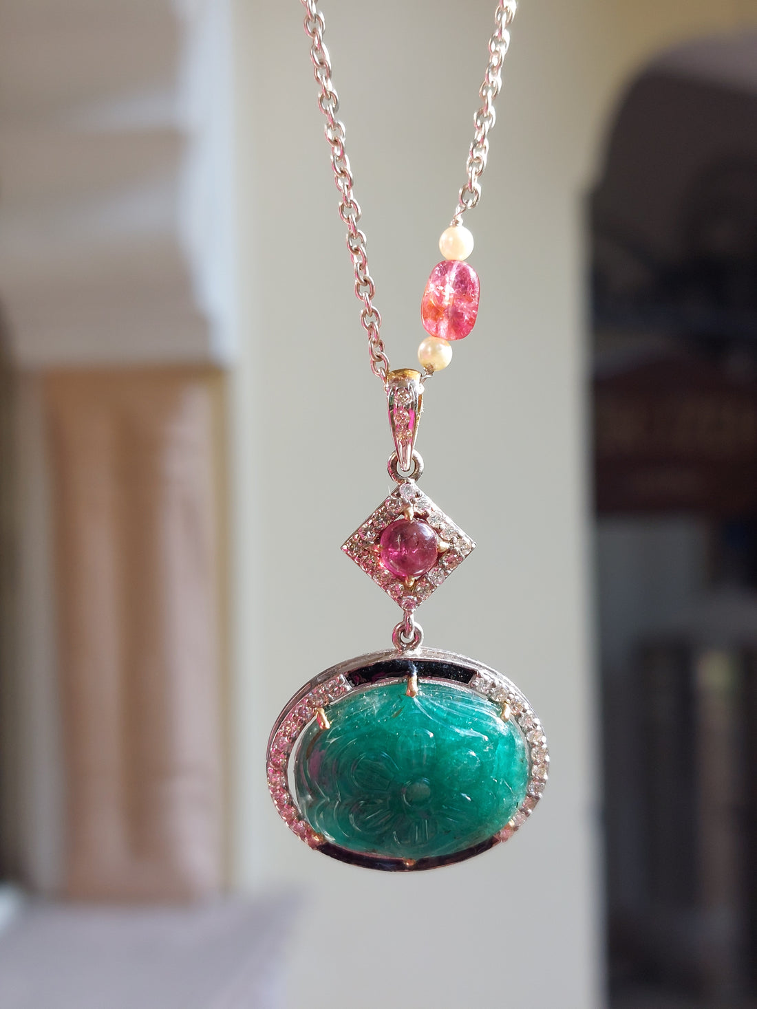 Gold emerald tourmaline pendant mala alternate angle