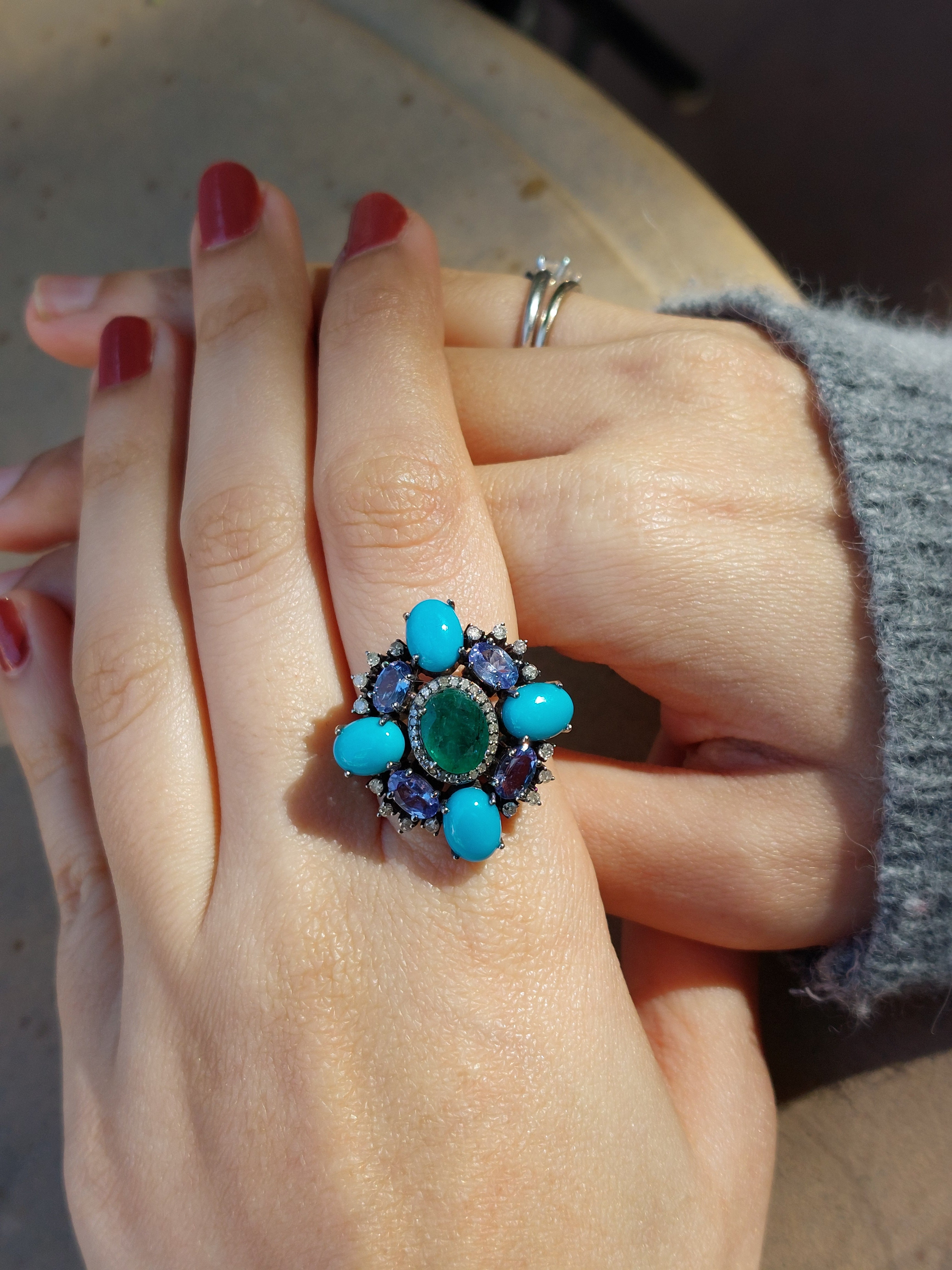 Emerald Turquoise Tanzanite Diamond Ring