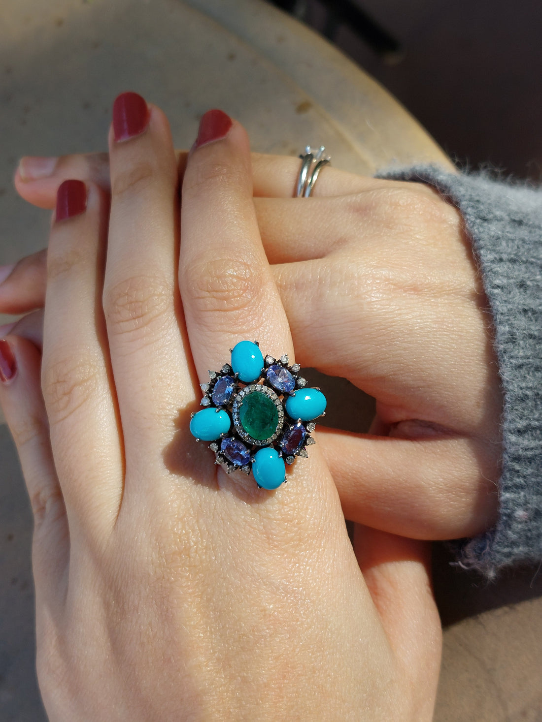 Emerald Turquoise Tanzanite Diamond Ring