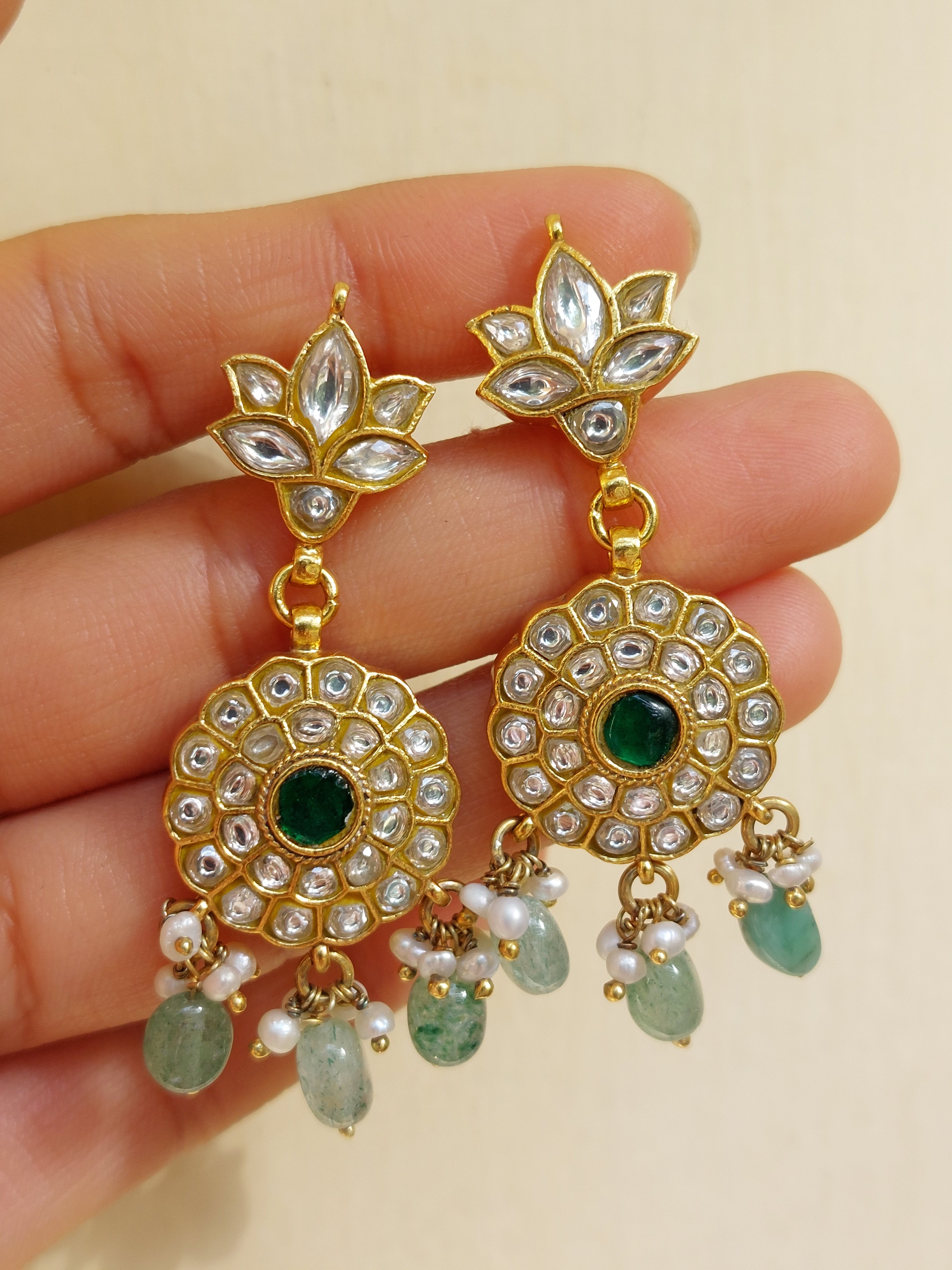 Polki earrings with semi precious flourite drops (Green)