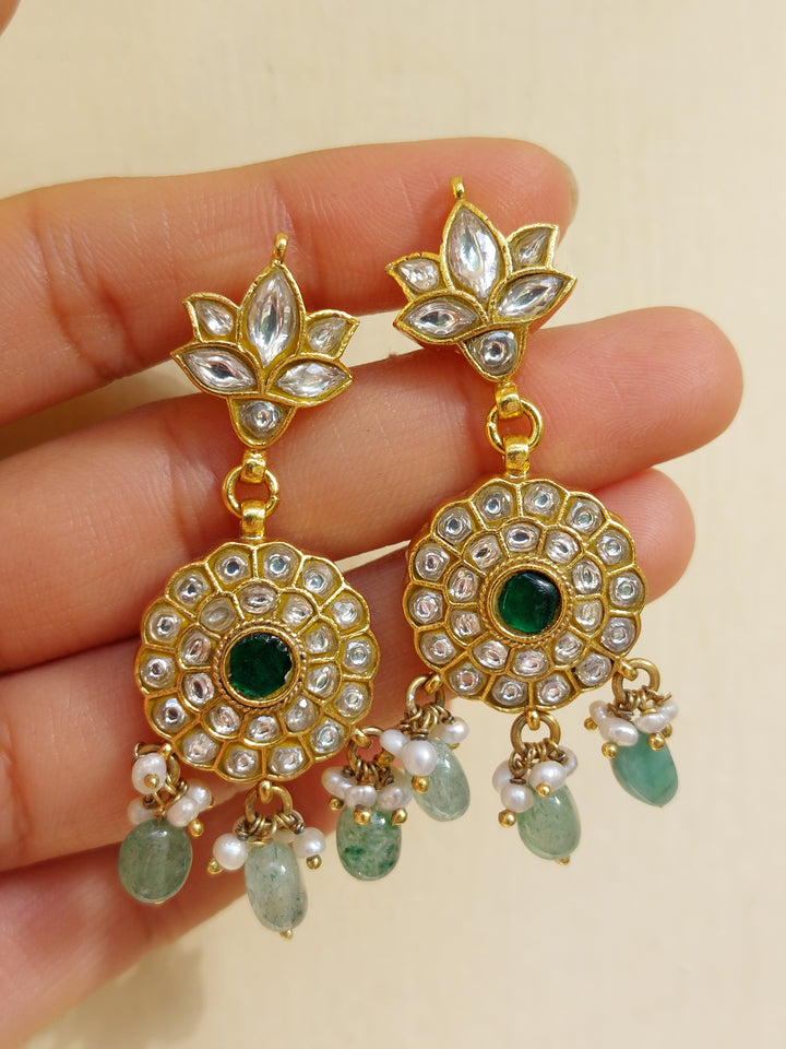 925 silver polki earrings with fluorite green drops