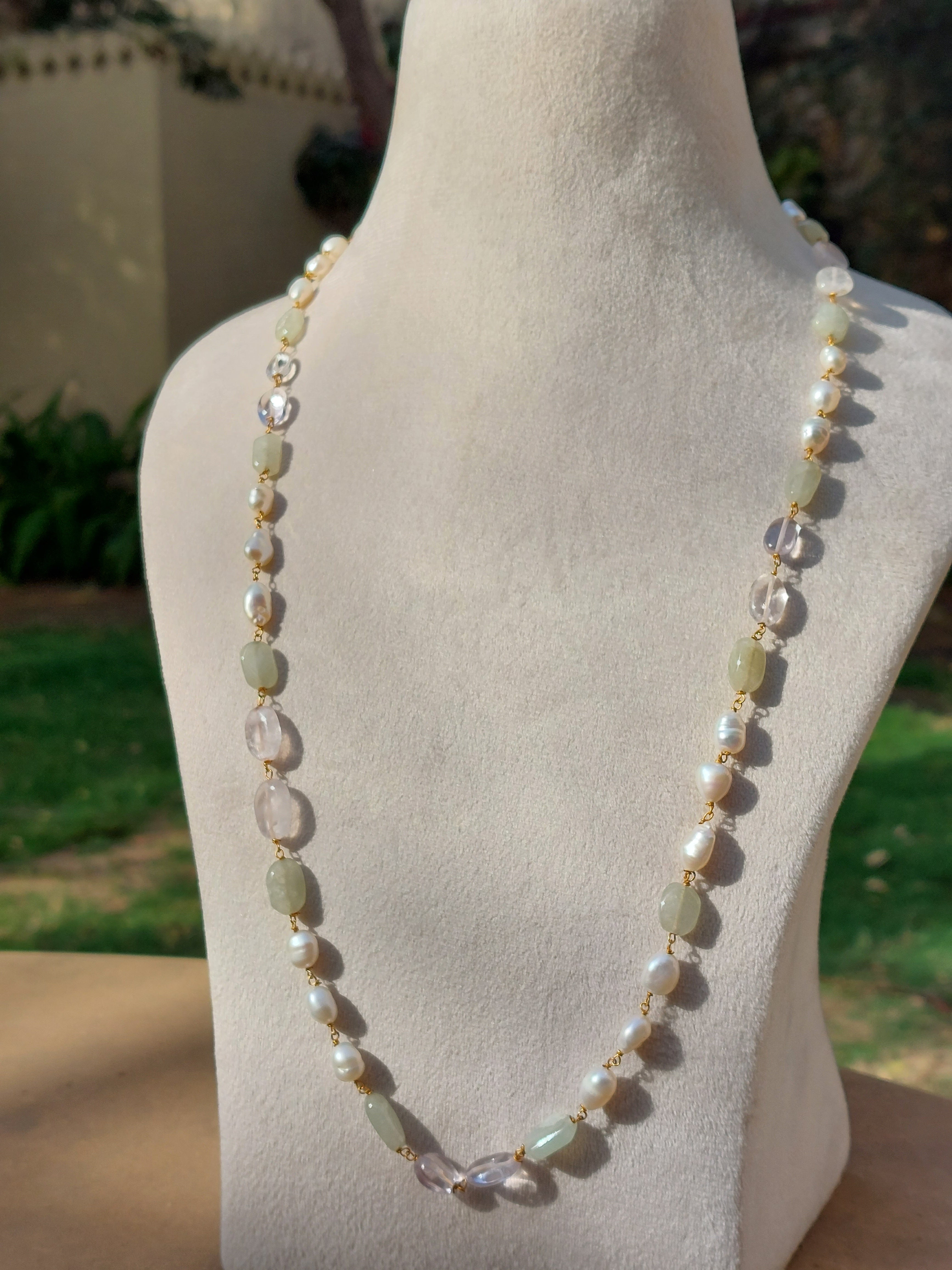 Jade, Rose Quartz, Baroque Pearls Mala