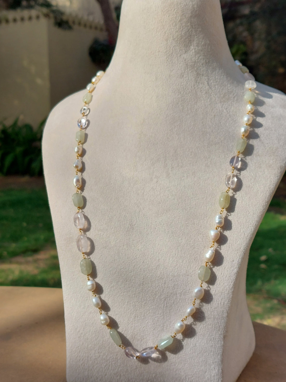 925 silver jade rose quartz baroque pearl mala close-up