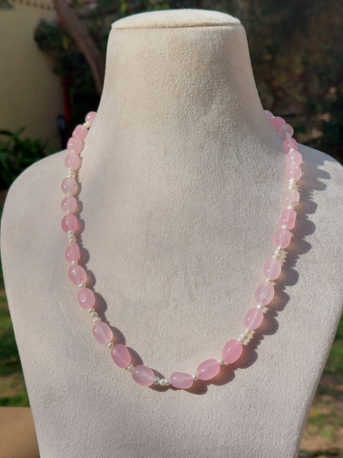 925 silver rose quartz and pearl mala product photo