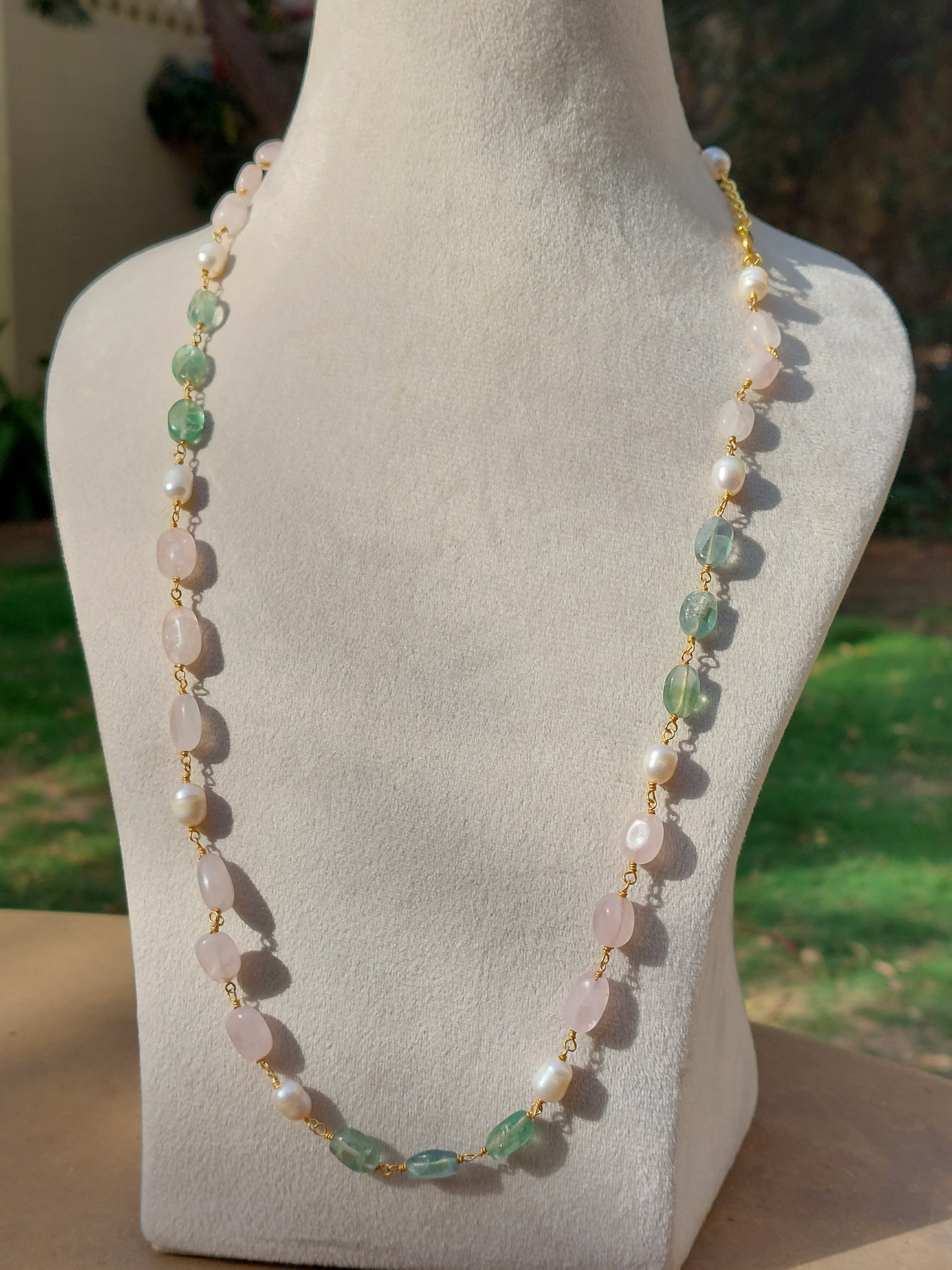 Jade, Rose Quartz, Baroque Pearls Mala