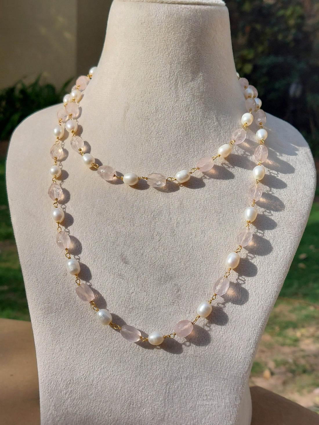 925 silver rose quartz and freshwater pearl mala product photo