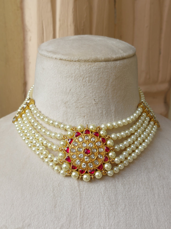 925 silver red stone round moti choker product photo