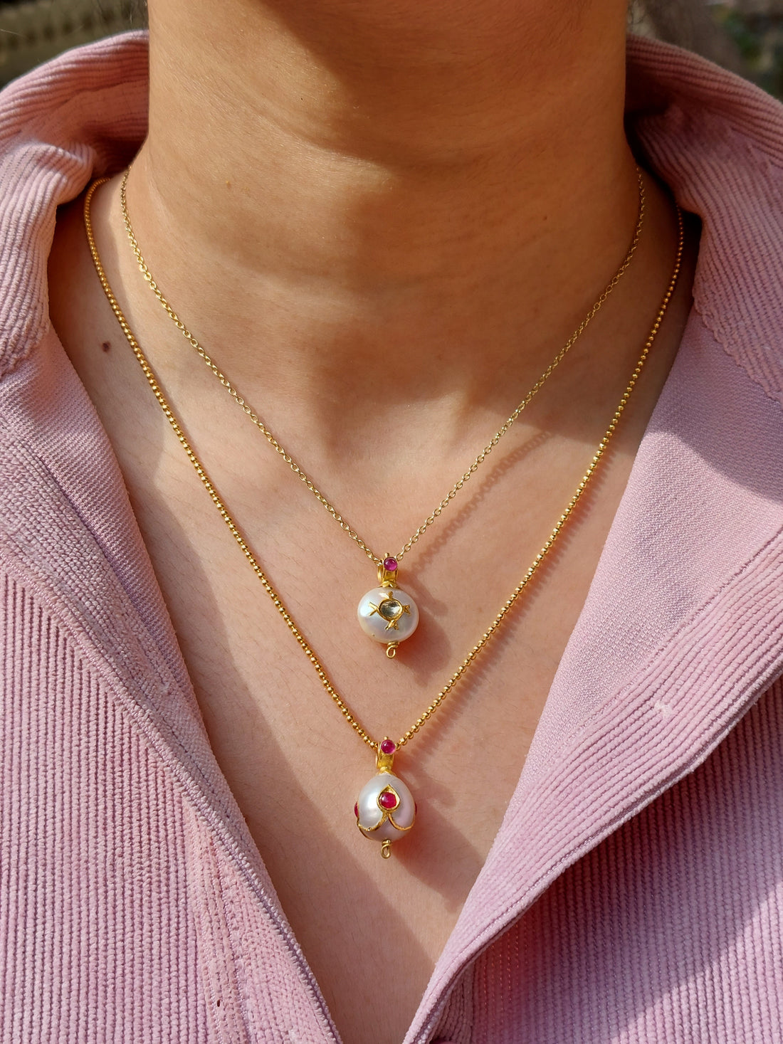 22K gold ruby pearl pendant alternate angle