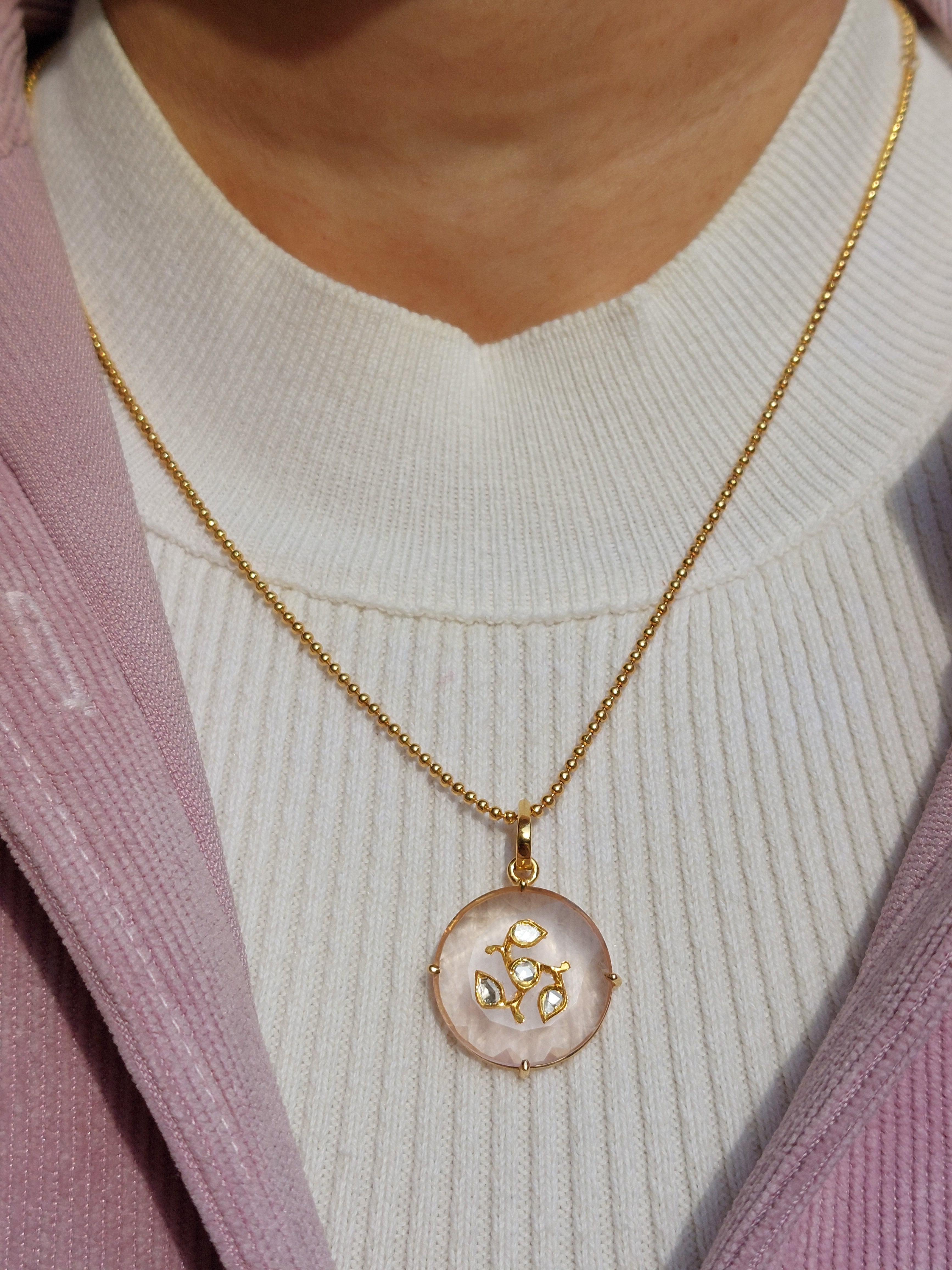 Gold rose quartz polki pendant product detail