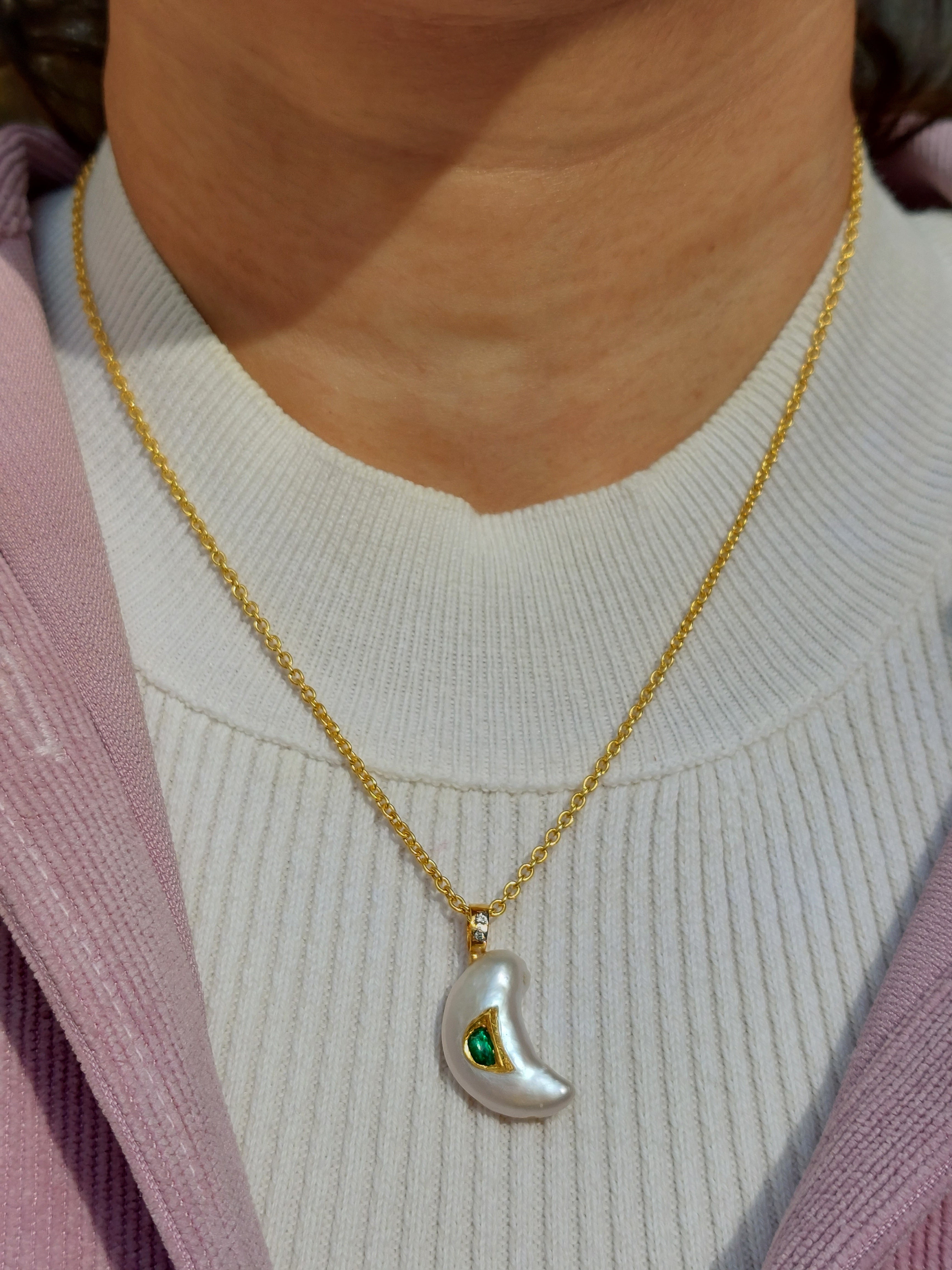 Gold pearl diamond pendant alternate angle