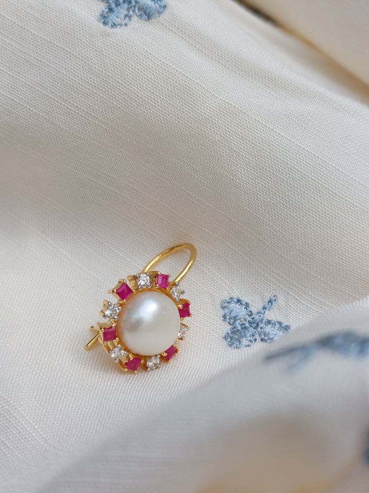 14K gold ruby pearl earrings alternate angle