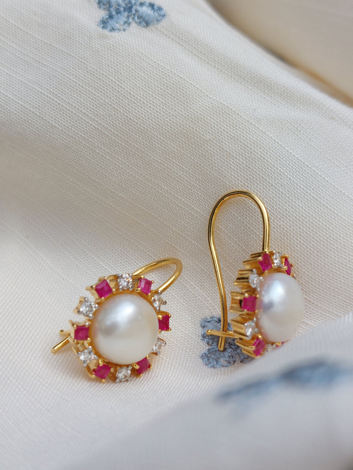 14K gold Ruby Pearl Drop earrings product photo
