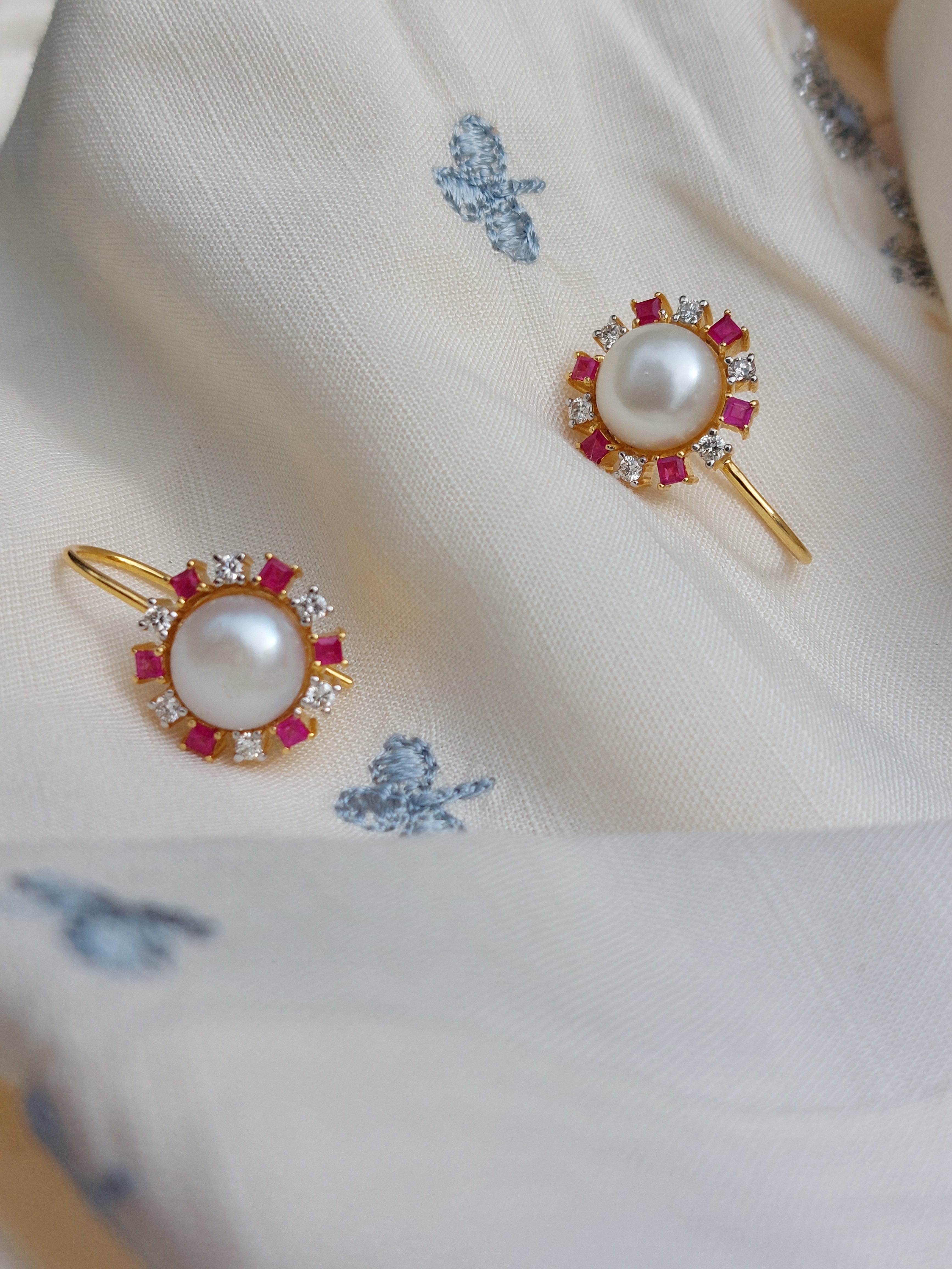 14K gold ruby pearl drop earrings close-up