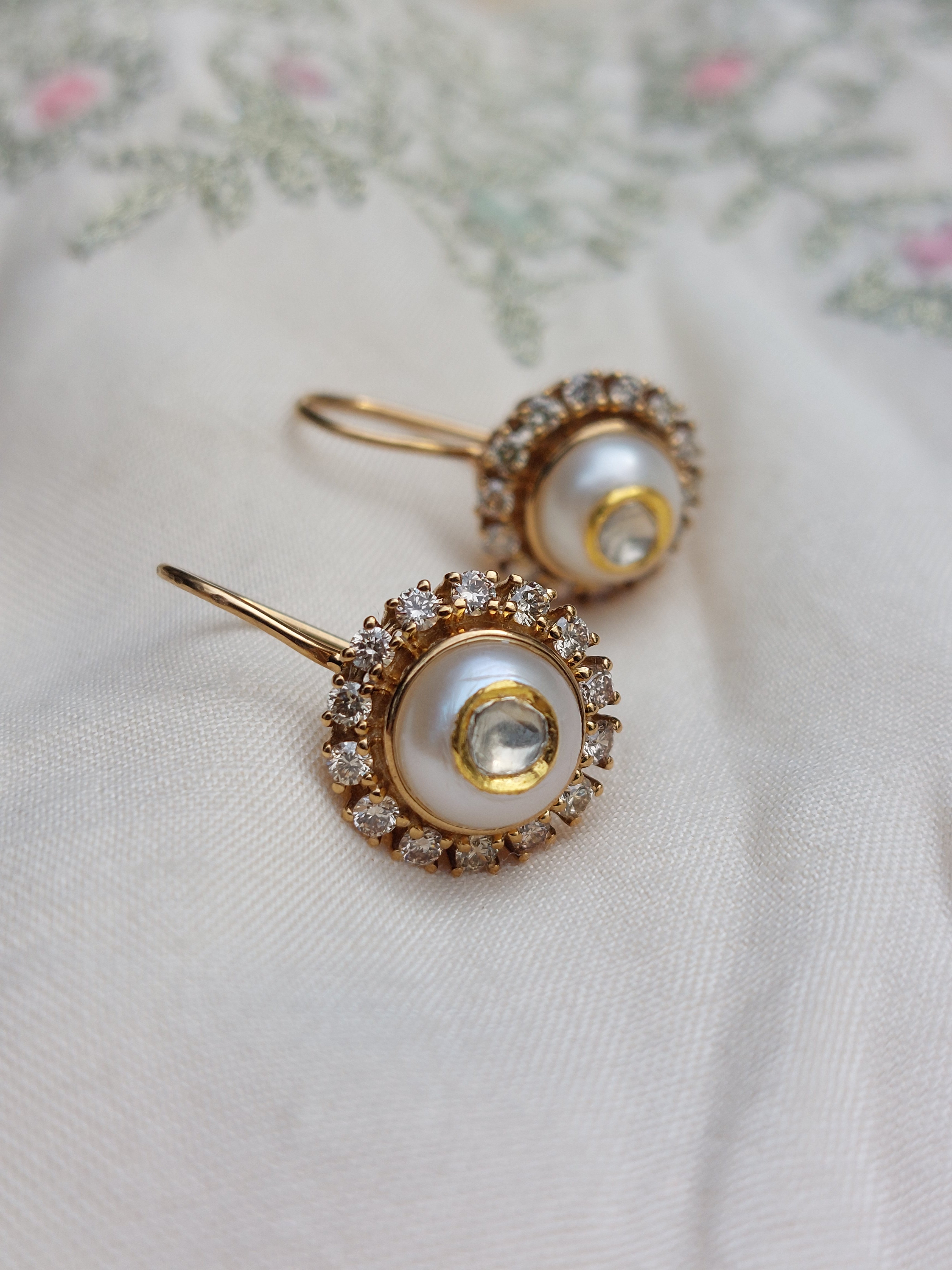 24K 14K gold pearl diamond polki drop earrings product photo