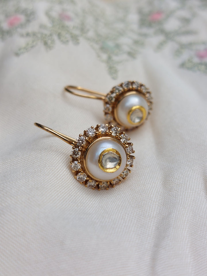 24K 14K gold pearl diamond polki drop earrings product photo