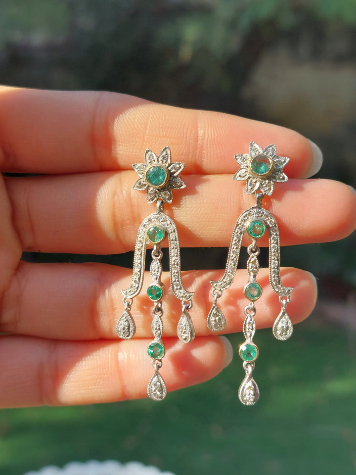 14K gold vintage chandelier earrings emerald and diamond