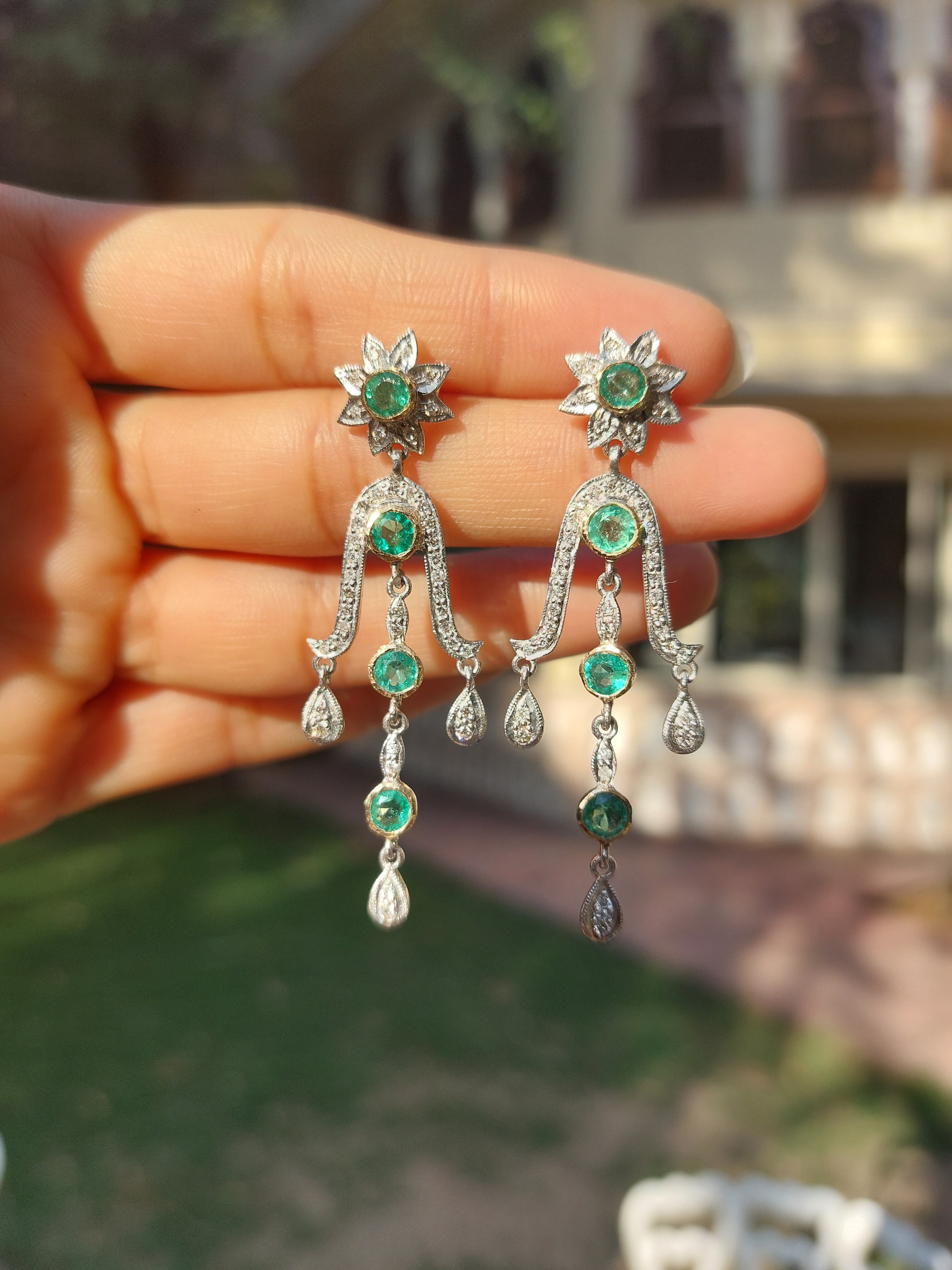 Emerald & Diamond Vintage Chandelier Earrings