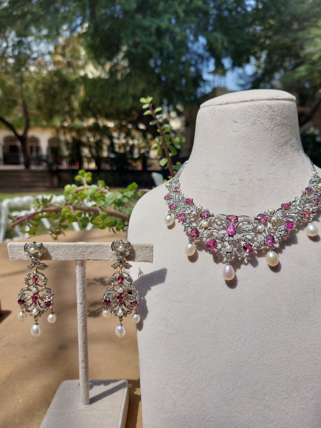 18K 14K gold tourmaline diamond pearl necklace set