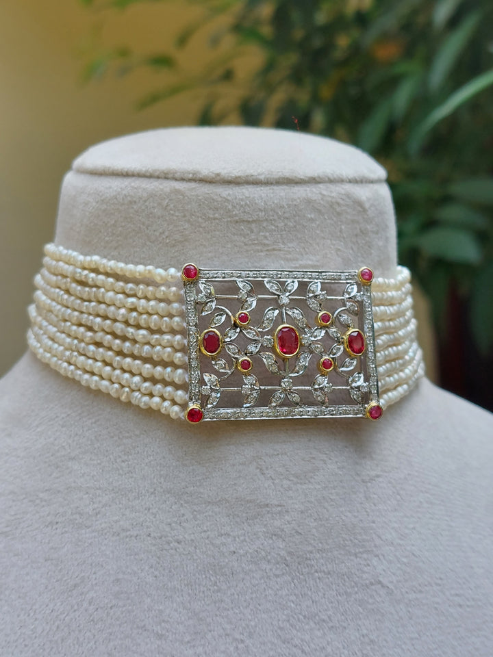 14K gold spinel diamond and pearl choker product photo