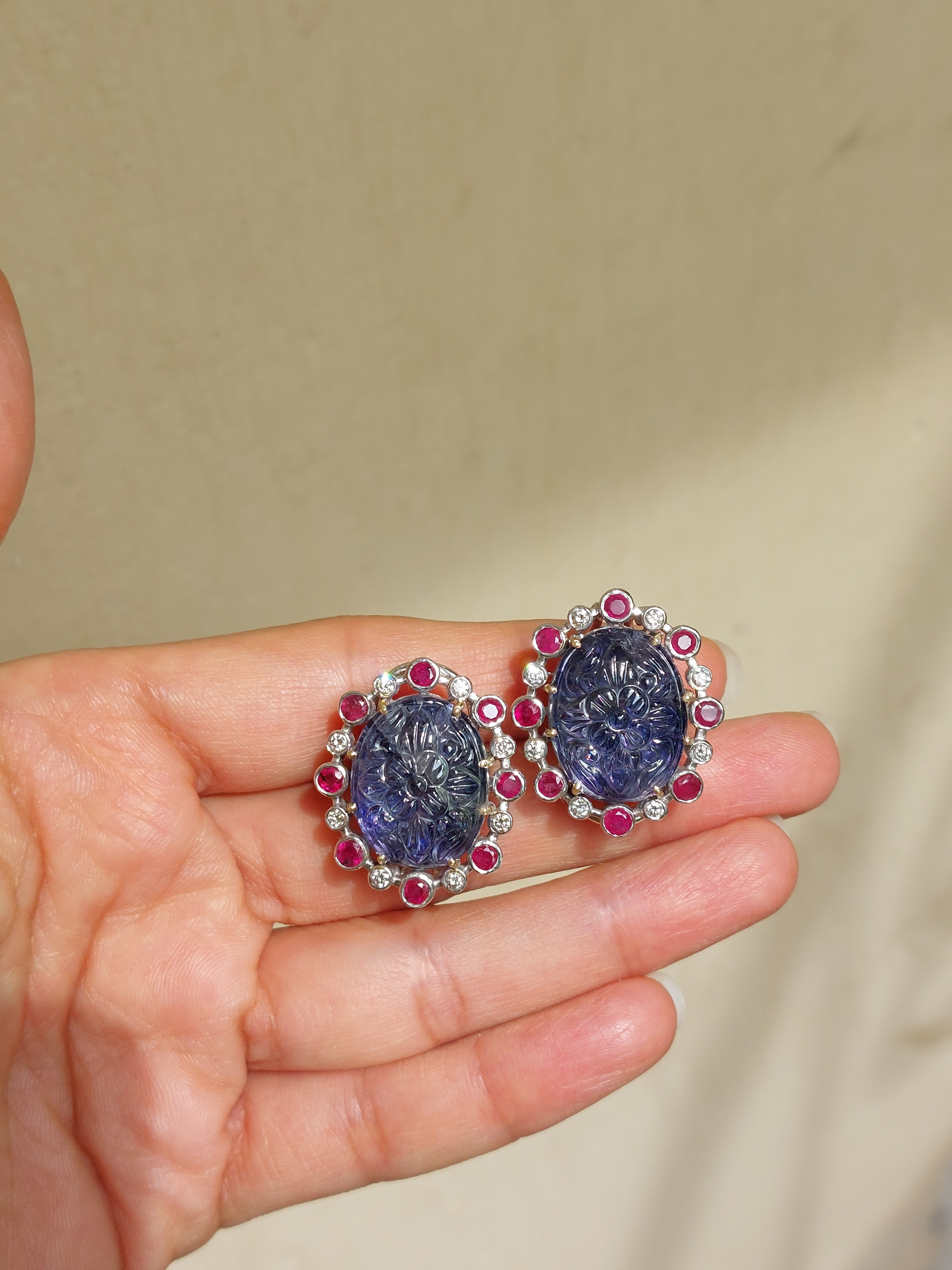 Carved Tanzanite & Ruby Diamond Earrings