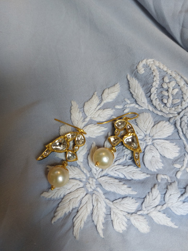 18K gold diamond polki and South Sea pearl earrings product photo