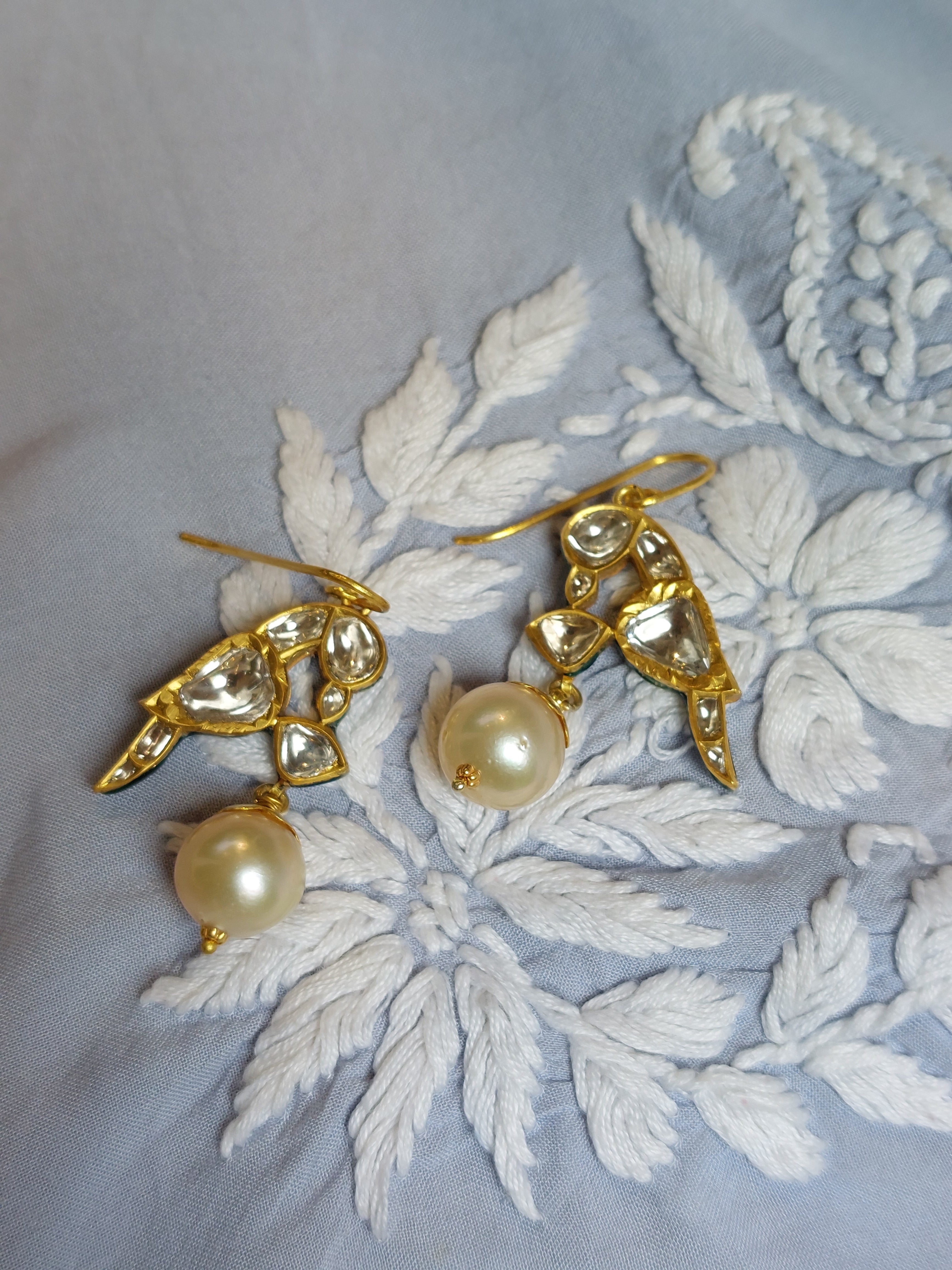 18K gold South Sea pearl polki earrings alternate angle
