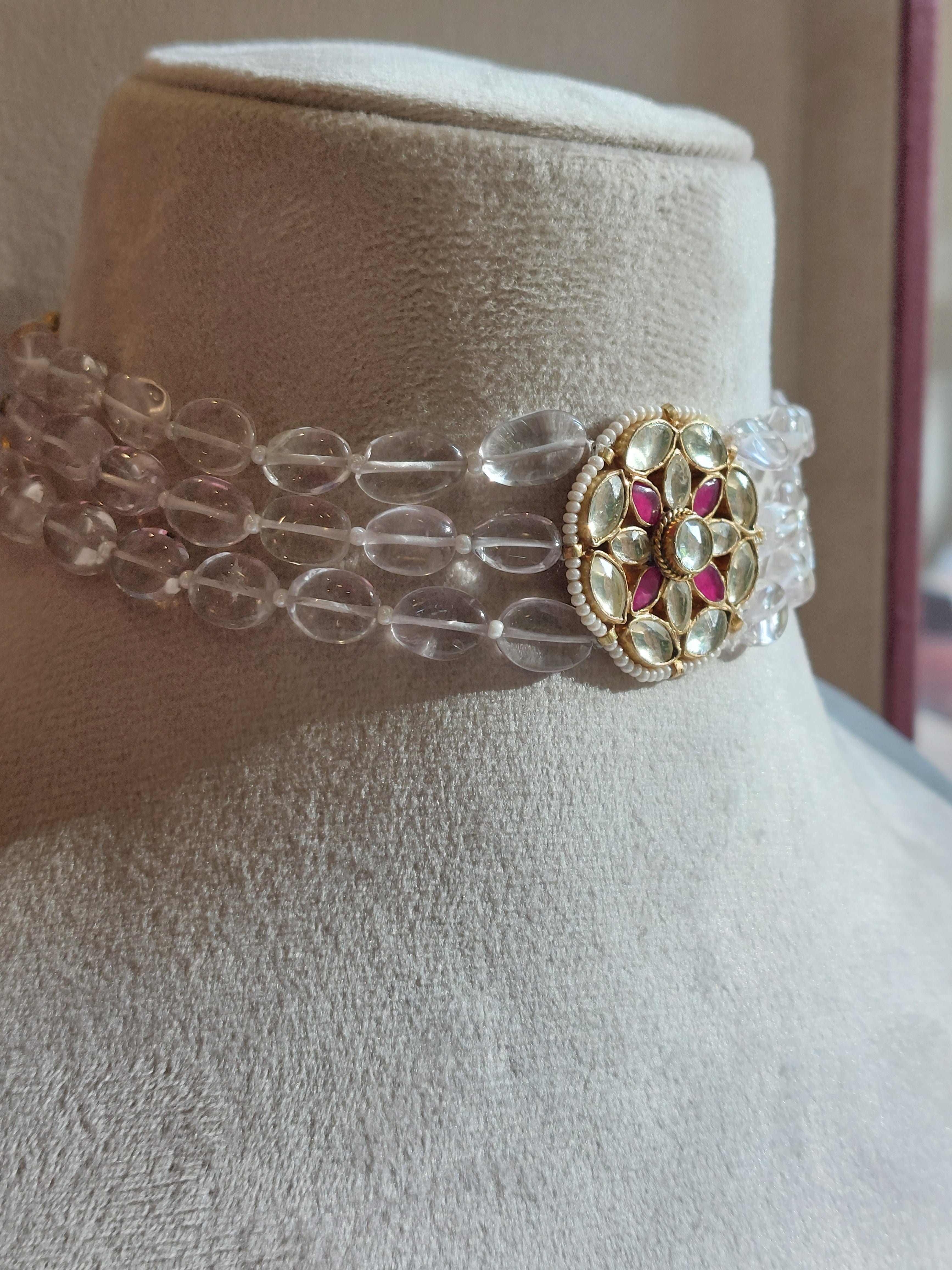 Silver alloy kundan amethyst choker close-up detail
