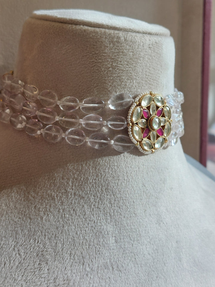 Silver alloy kundan amethyst choker close-up detail