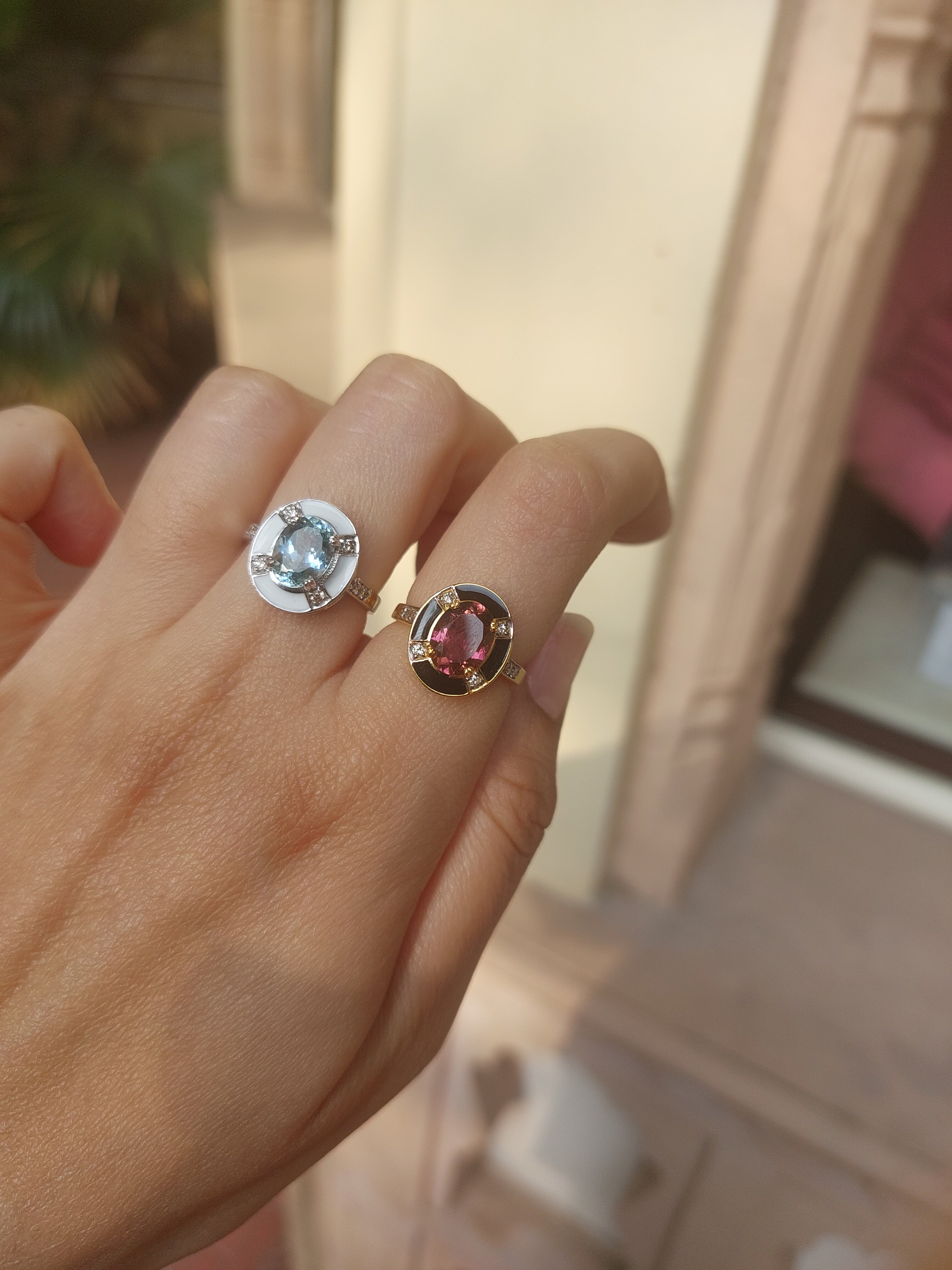 Enamel Halo Aquamarine & Tourmaline Rings