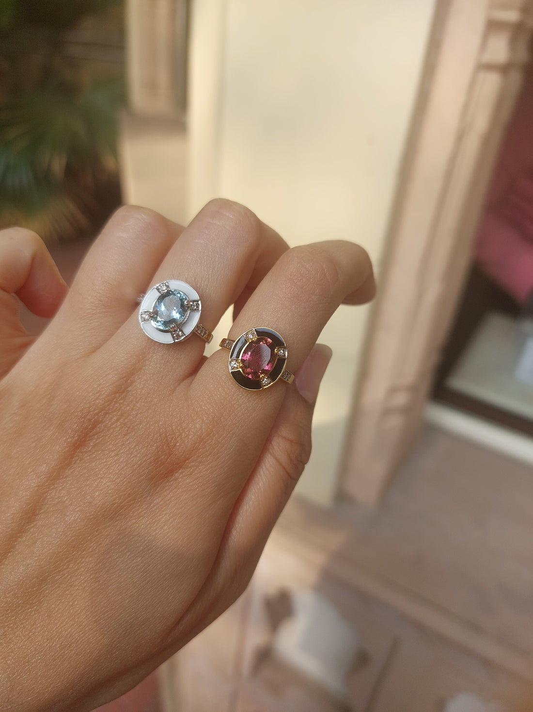 Enamel halo aquamarine tourmaline diamond ring product photo