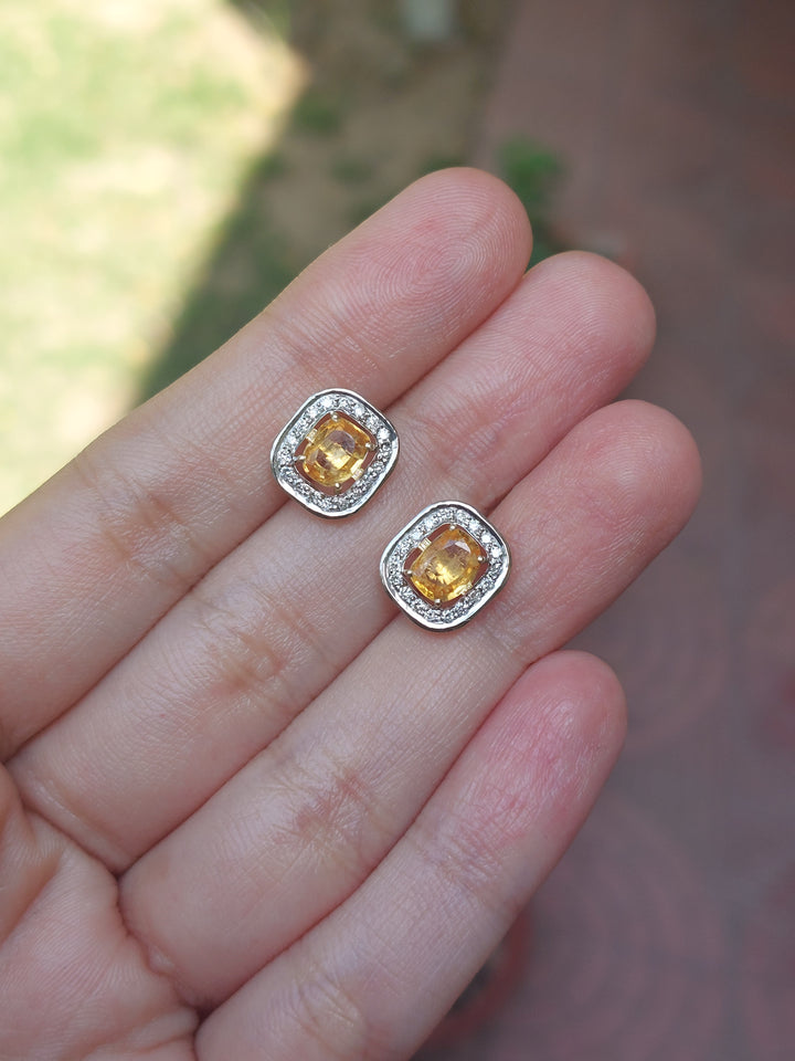 Cushion-cut yellow sapphire diamond halo earrings product photo