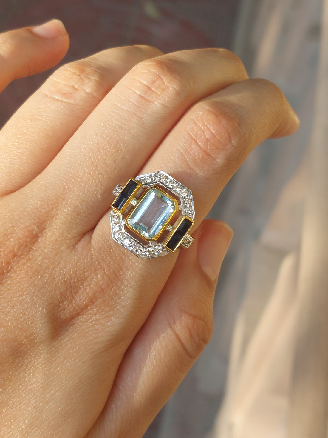 14K gold Art Deco aquamarine sapphire halo ring product photo