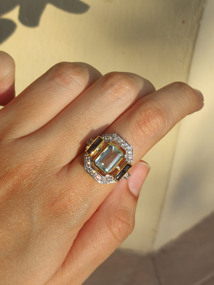 14K gold aquamarine sapphire halo ring alternate angle