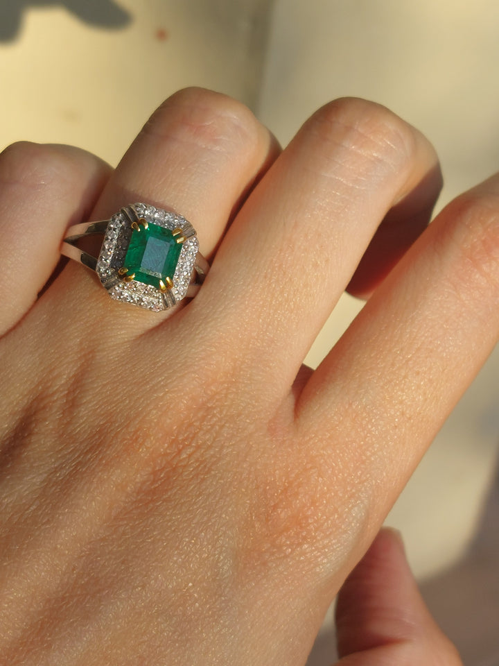 14K gold princess-cut emerald halo ring product photo