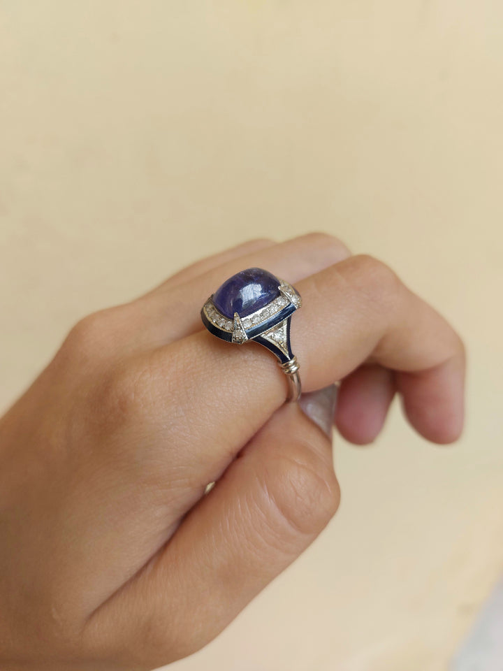 Cushion-cut tanzanite diamond halo ring product photo