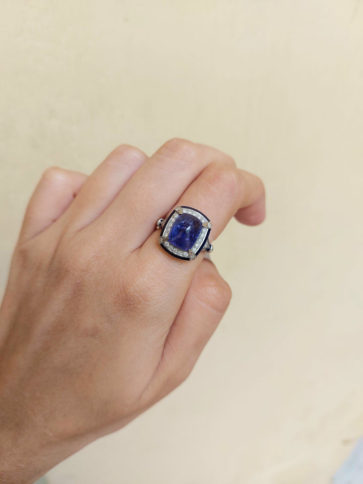 Cushion-cut tanzanite halo ring alternate angle