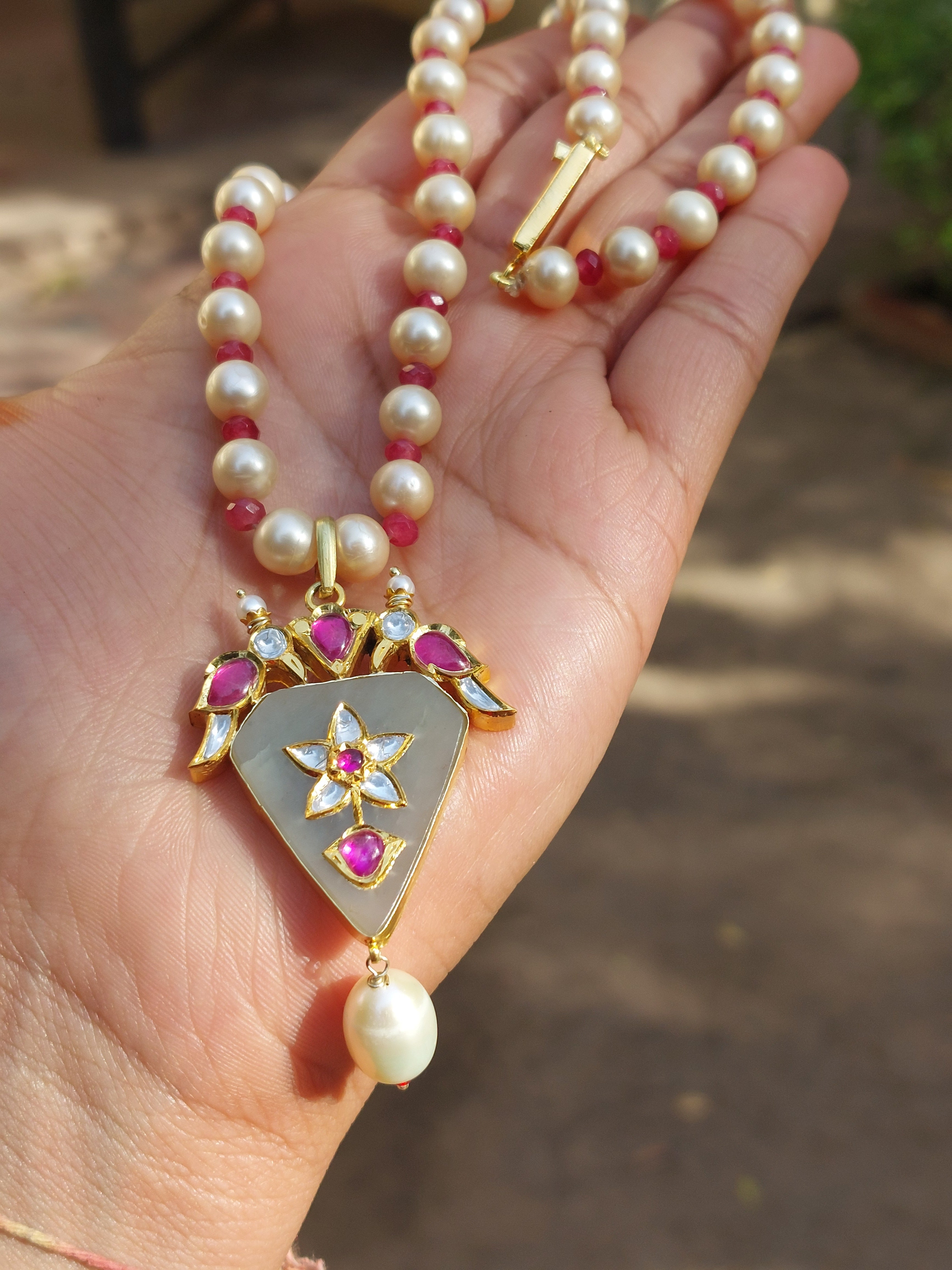 Ruby & Pearl Polki Pendant Necklace