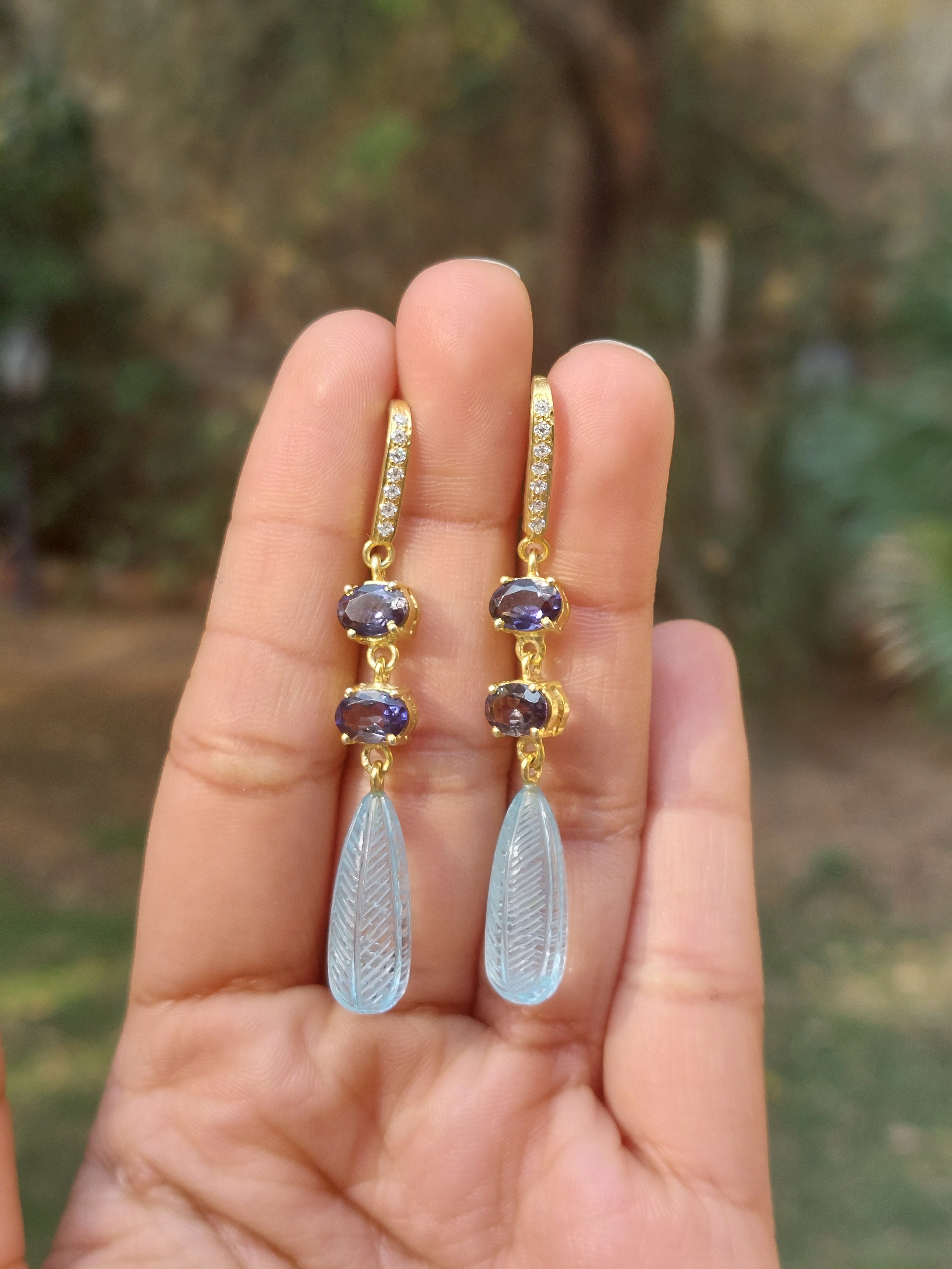 Iolite & Blue Topaz Moissanite Drop Earrings