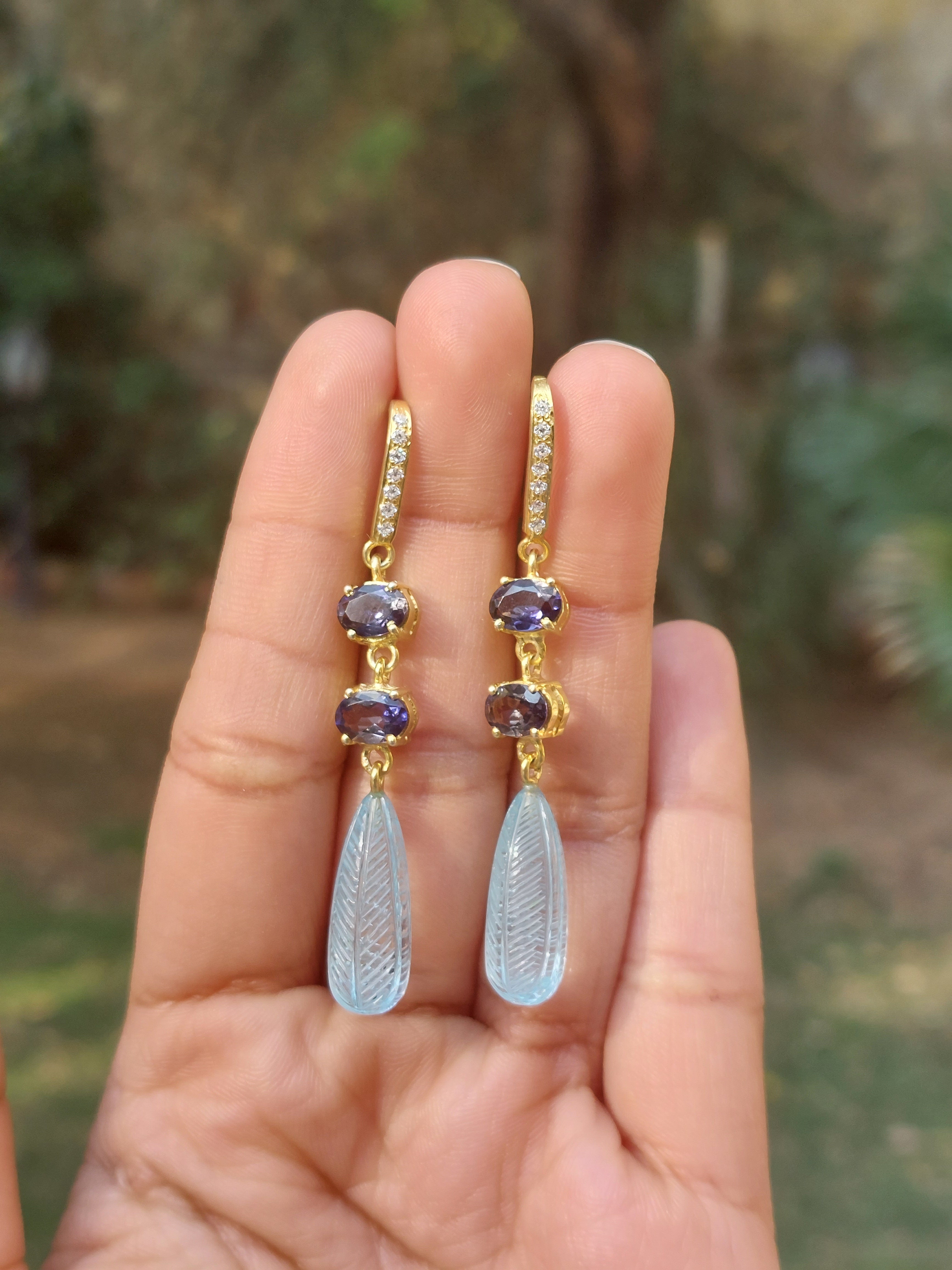 Silver 18K gold plated iolite blue topaz moissanite earrings
