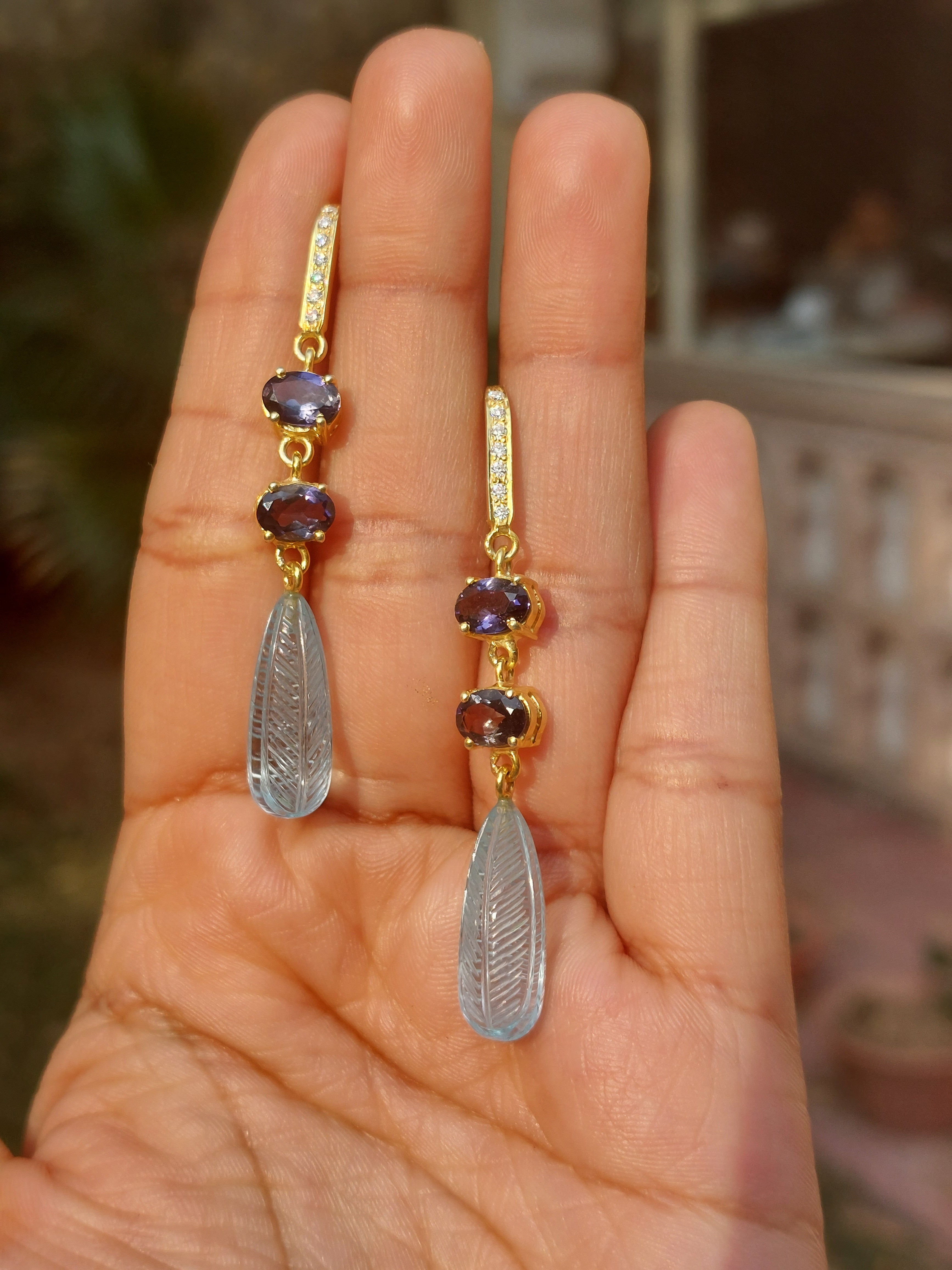 Iolite blue topaz moissanite drop earrings close-up detail