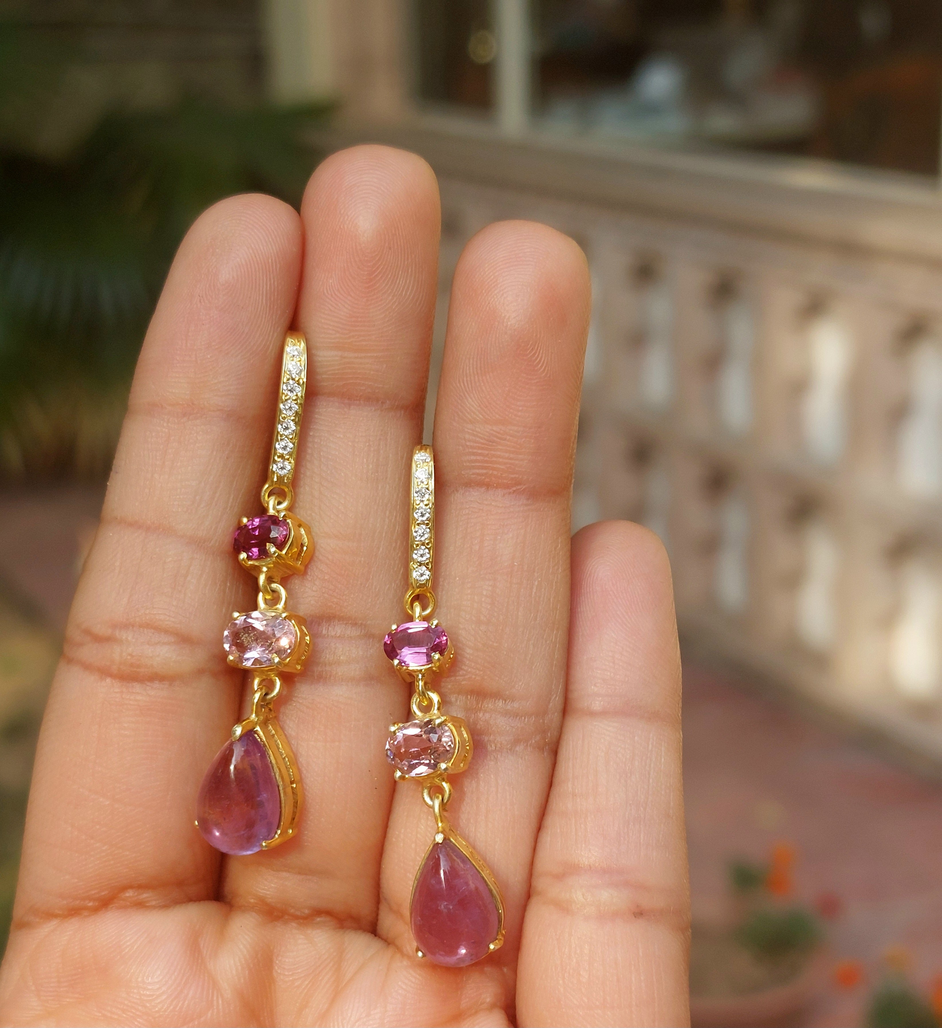 Amethyst & Tourmaline Moissanite Drop Earrings