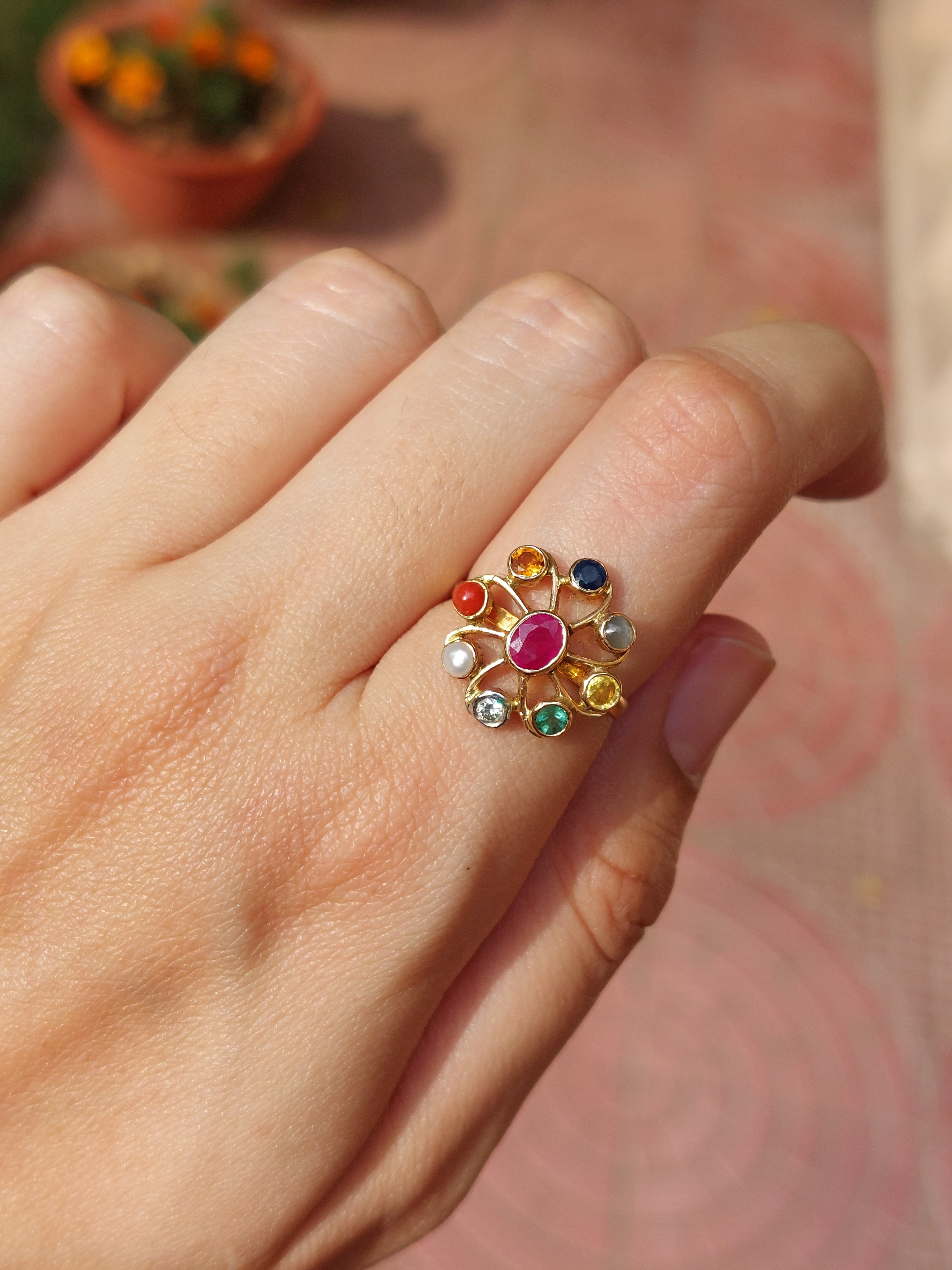 Navaratna diamond ring with nine-gem setting