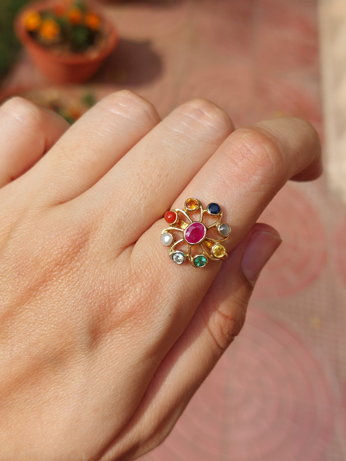 Navaratna diamond ring with nine-gem setting