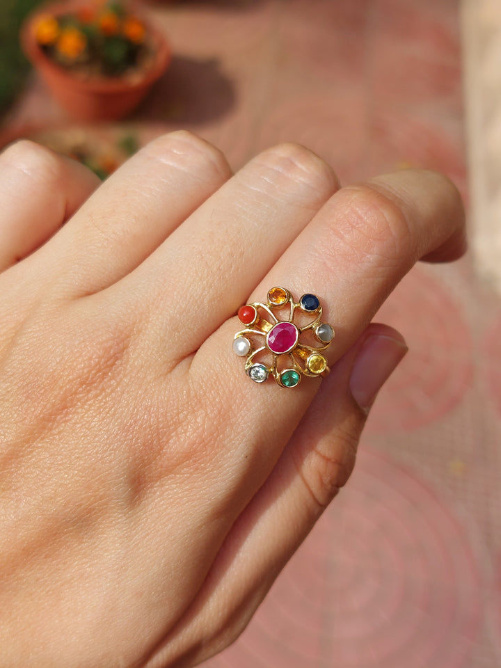 Navaratna diamond ring with nine-gem setting