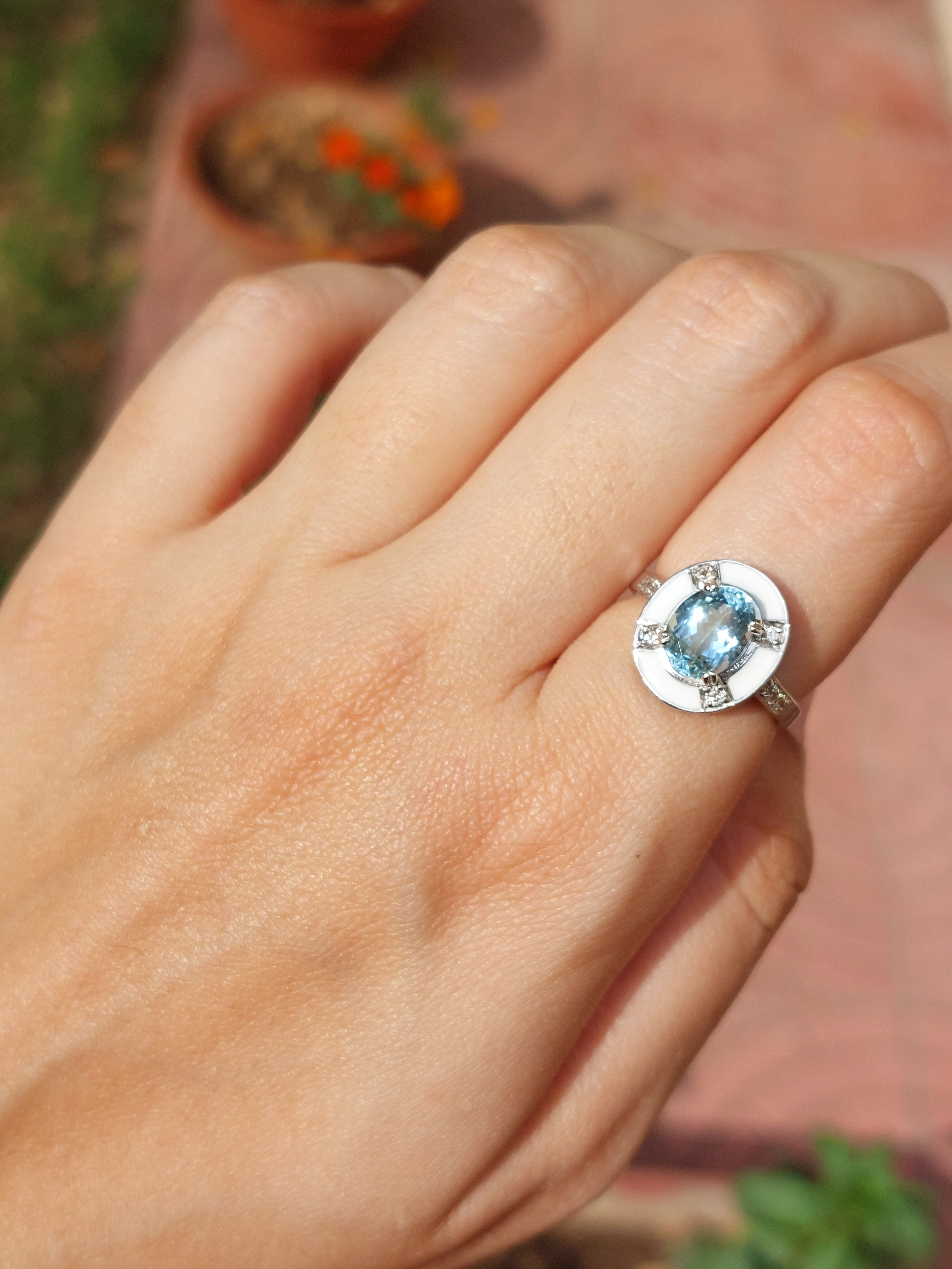 Enamel halo aquamarine tourmaline ring alternate angle